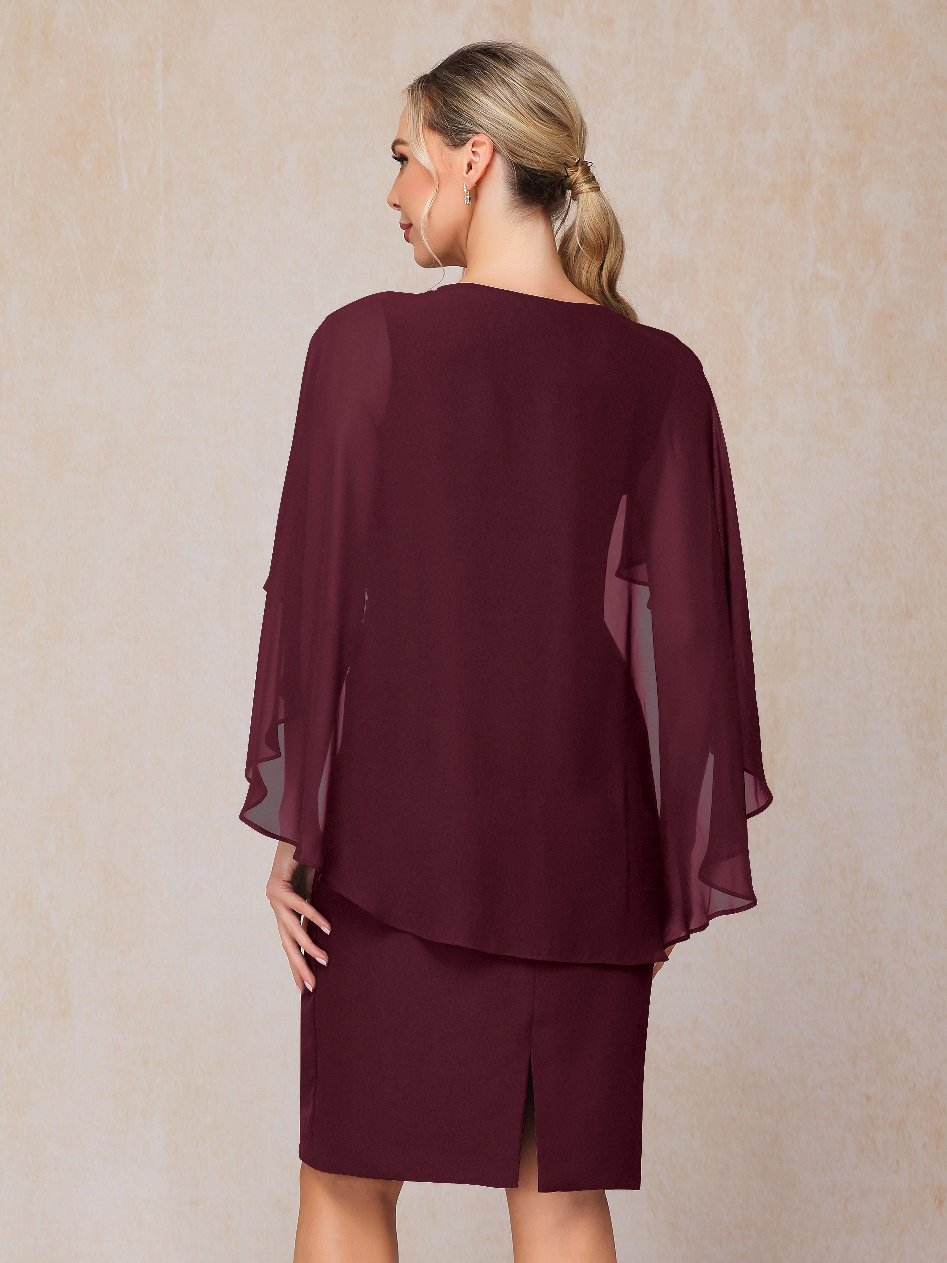 Short Sleeves Knee Length Chiffon Mother Of The Groom Dress With Beading