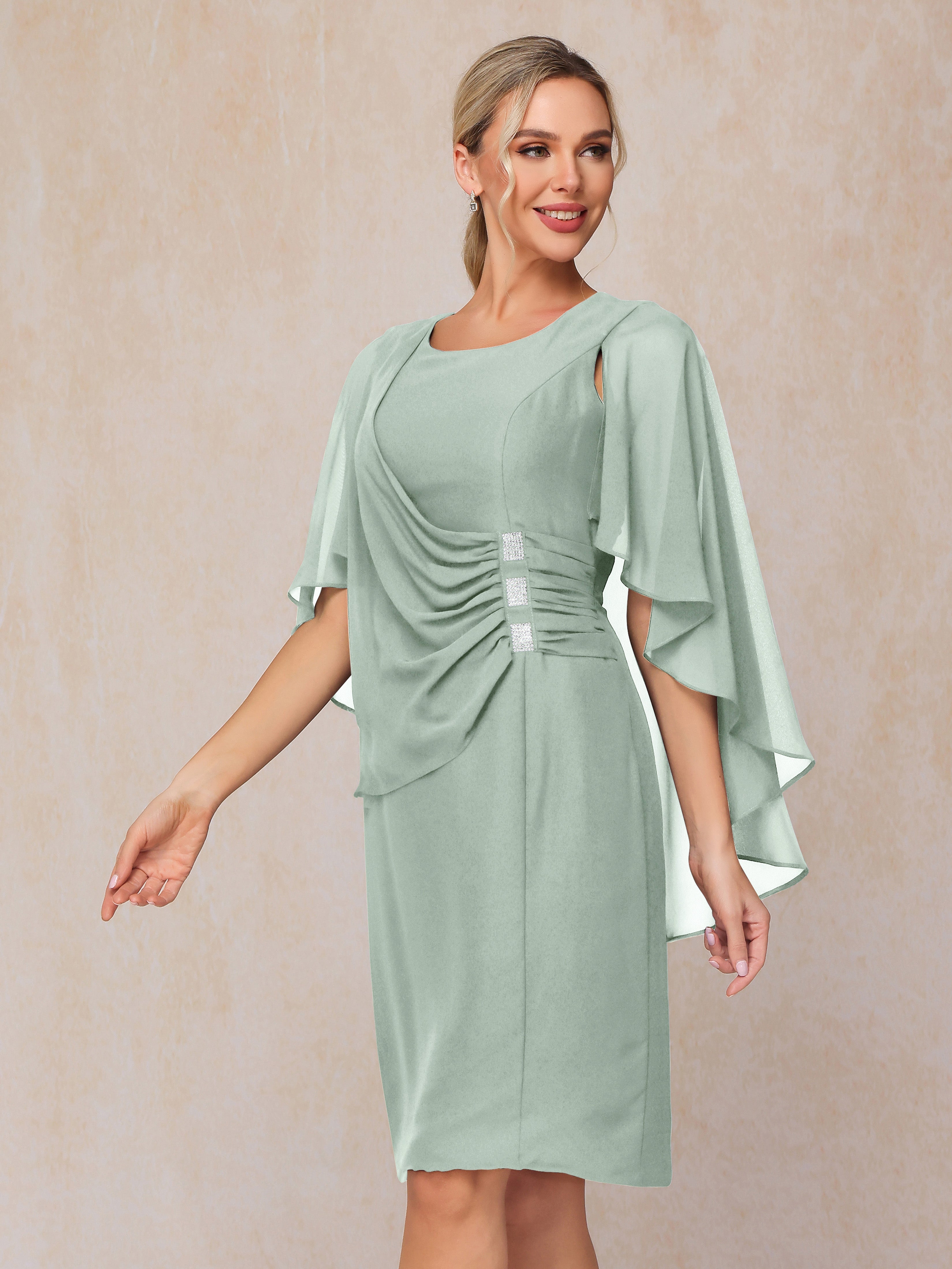 Short Sleeves Knee Length Chiffon Mother Of The Groom Dress With Beading