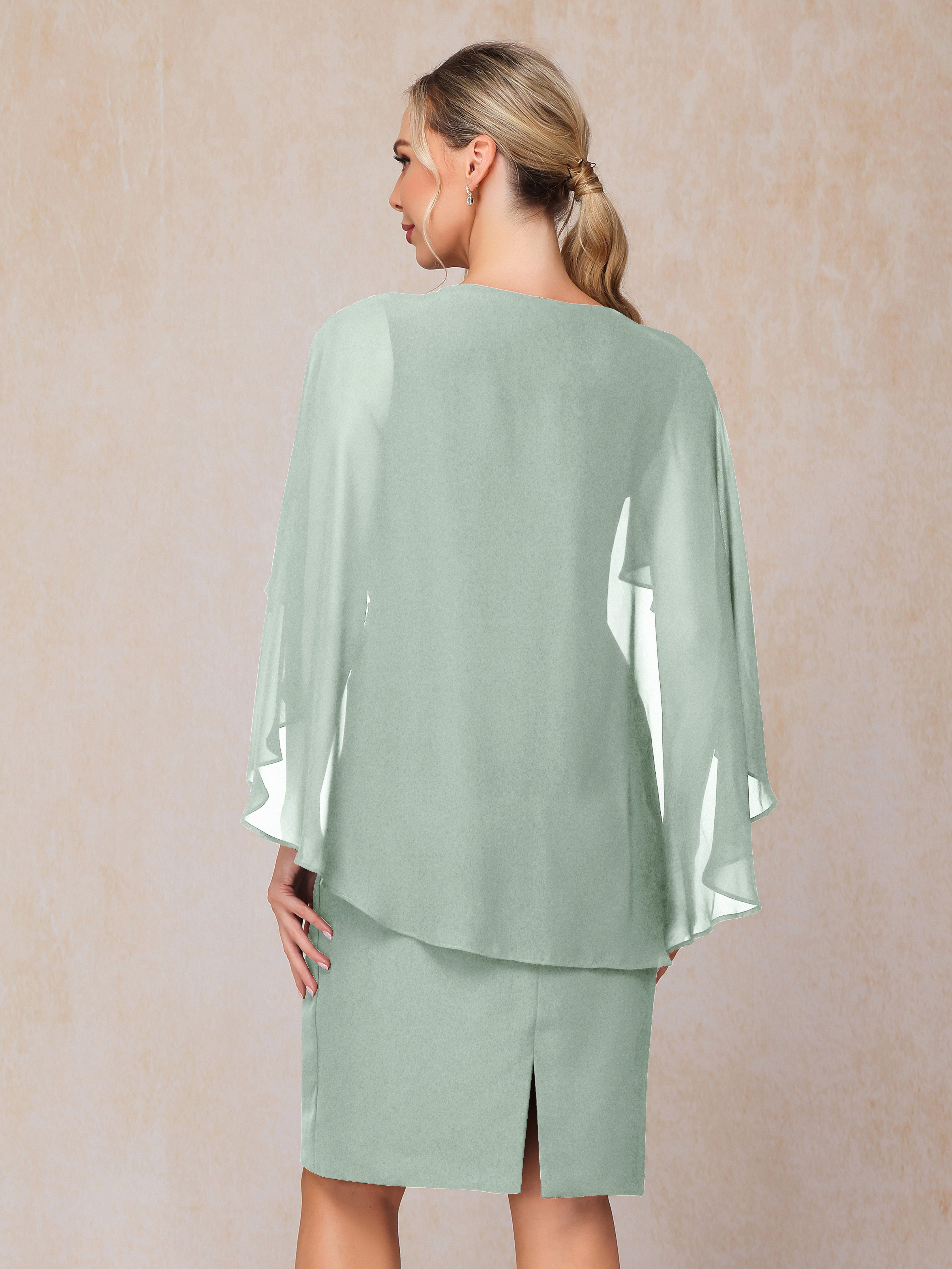 Short Sleeves Knee Length Chiffon Mother Of The Groom Dress With Beading