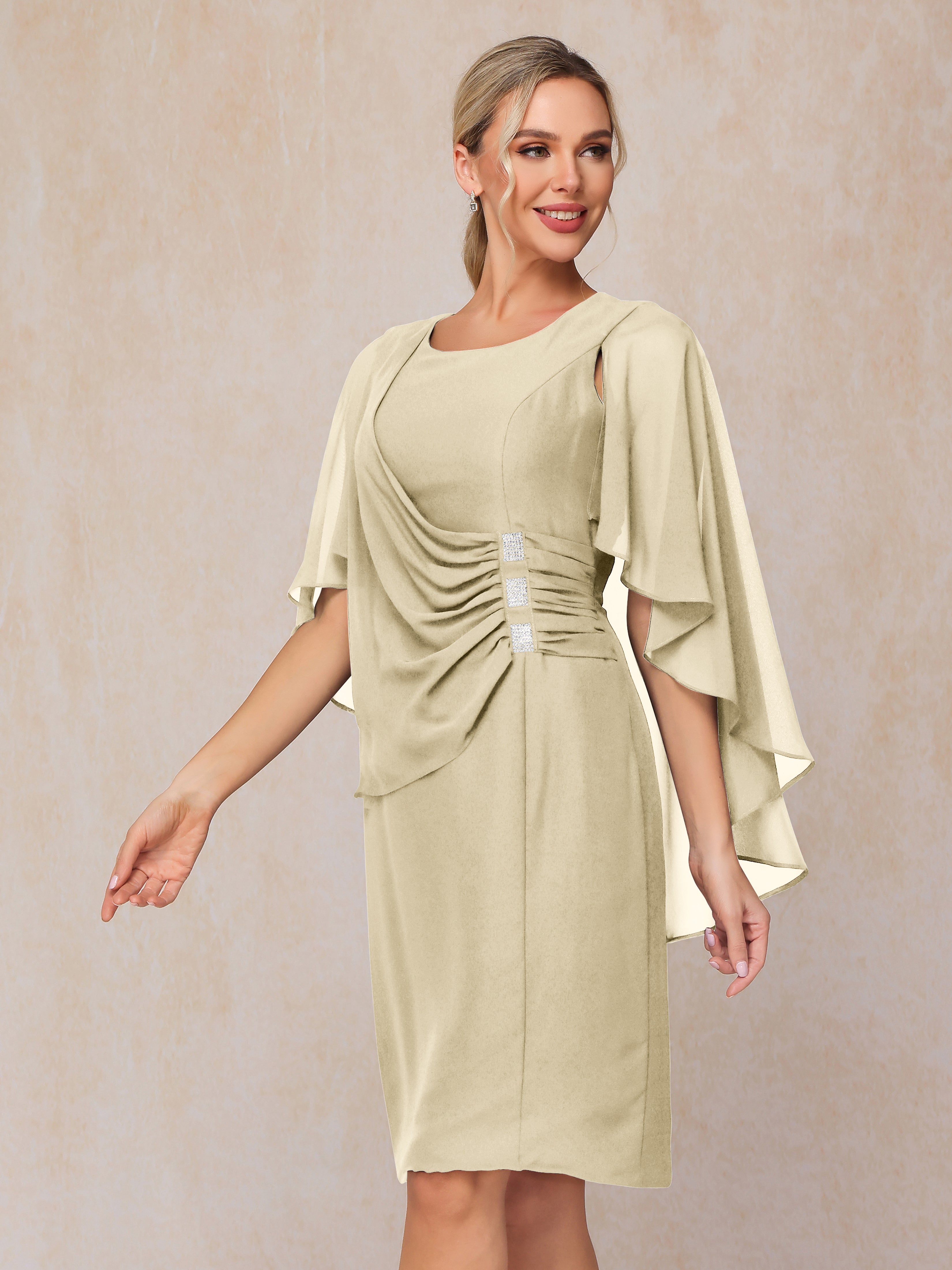 Short Sleeves Knee Length Chiffon Mother Of The Groom Dress With Beading