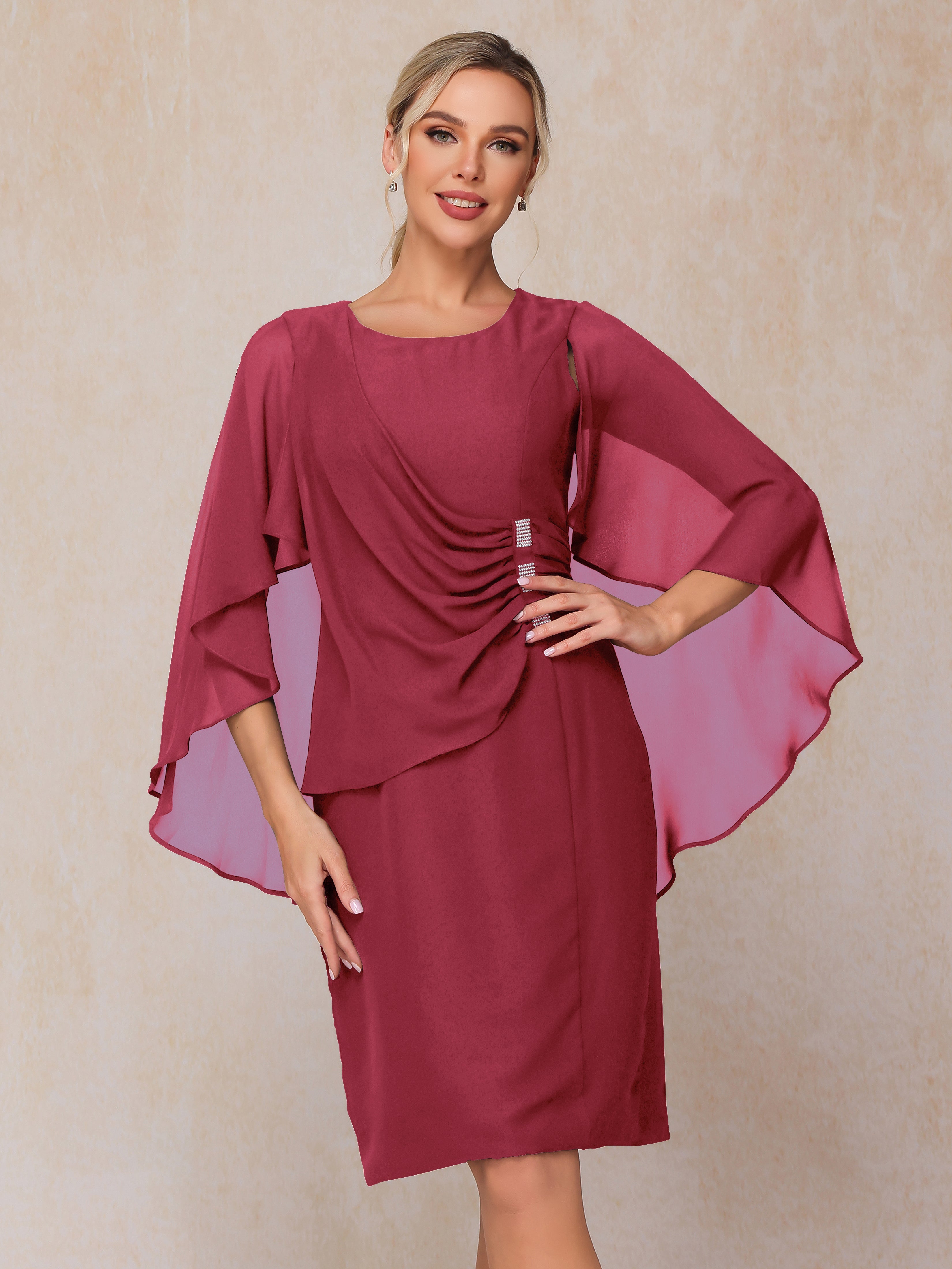 Short Sleeves Knee Length Chiffon Mother Of The Groom Dress With Beading