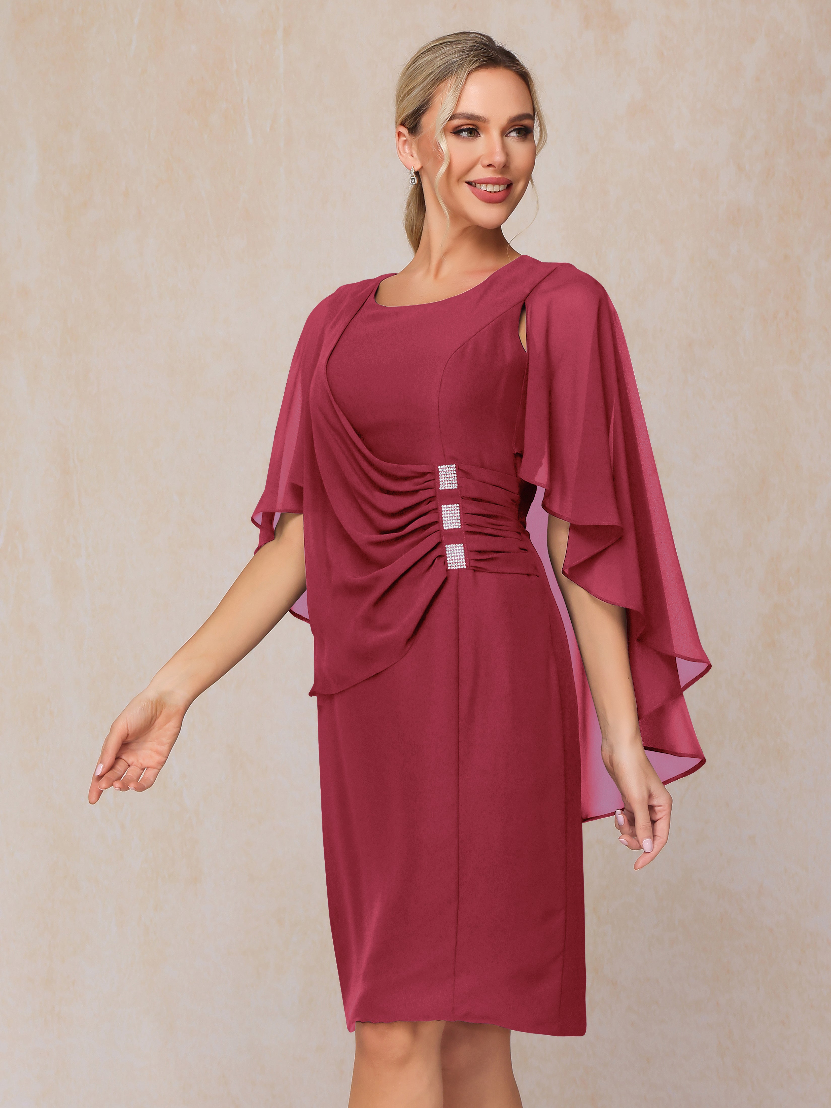 Short Sleeves Knee Length Chiffon Mother Of The Groom Dress With Beading