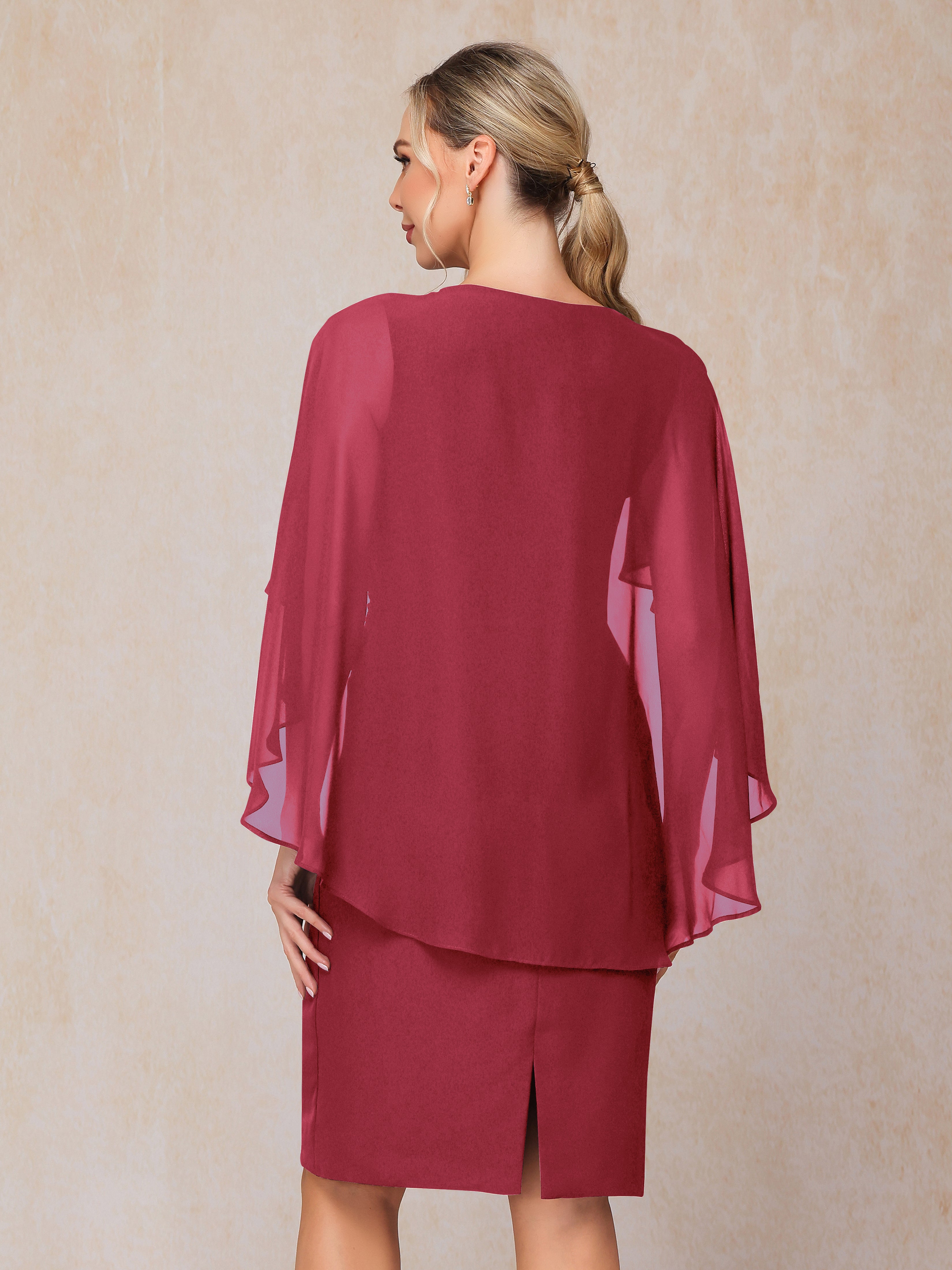 Short Sleeves Knee Length Chiffon Mother Of The Groom Dress With Beading