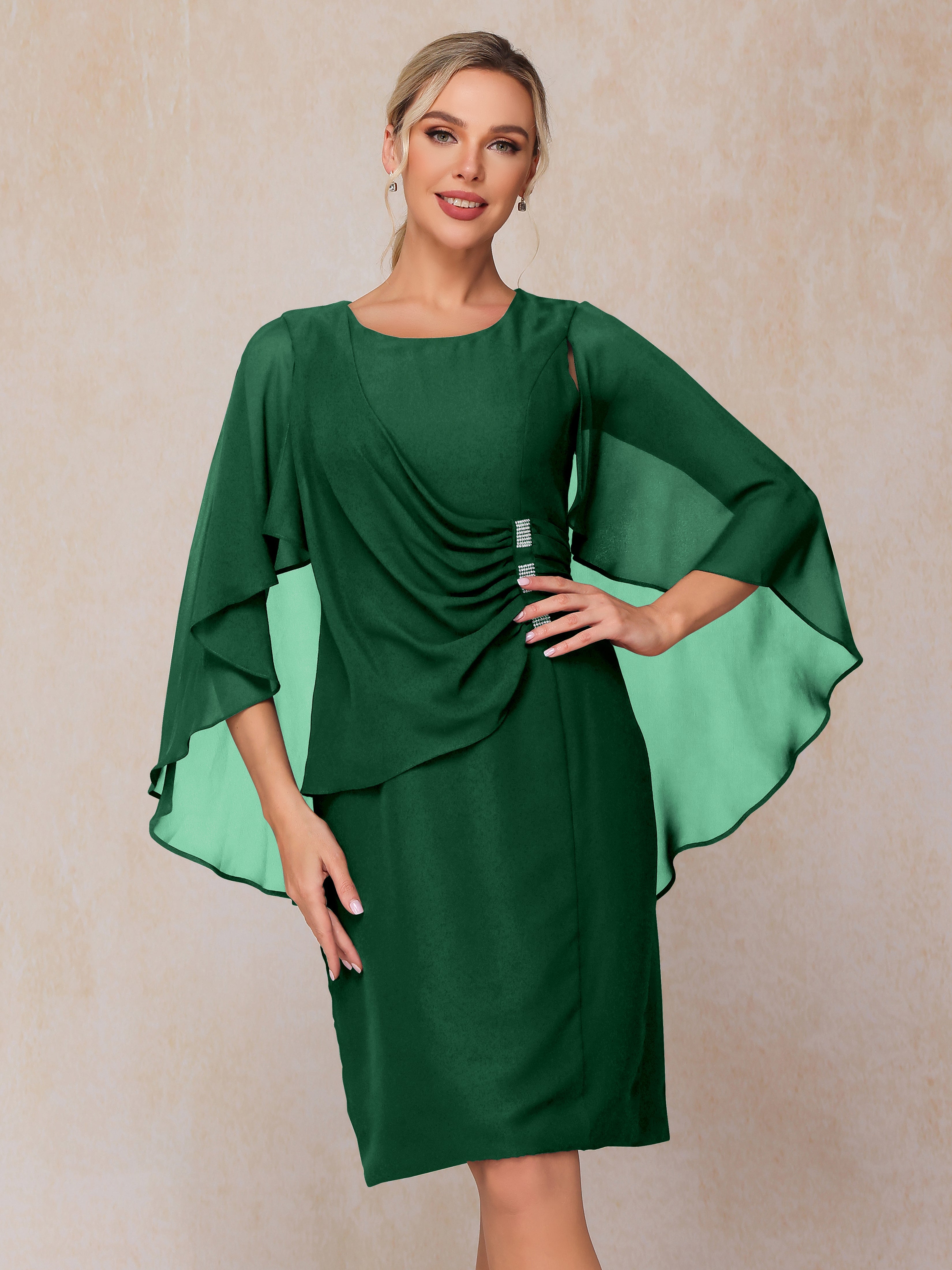Short Sleeves Knee Length Chiffon Mother Of The Groom Dress With Beading