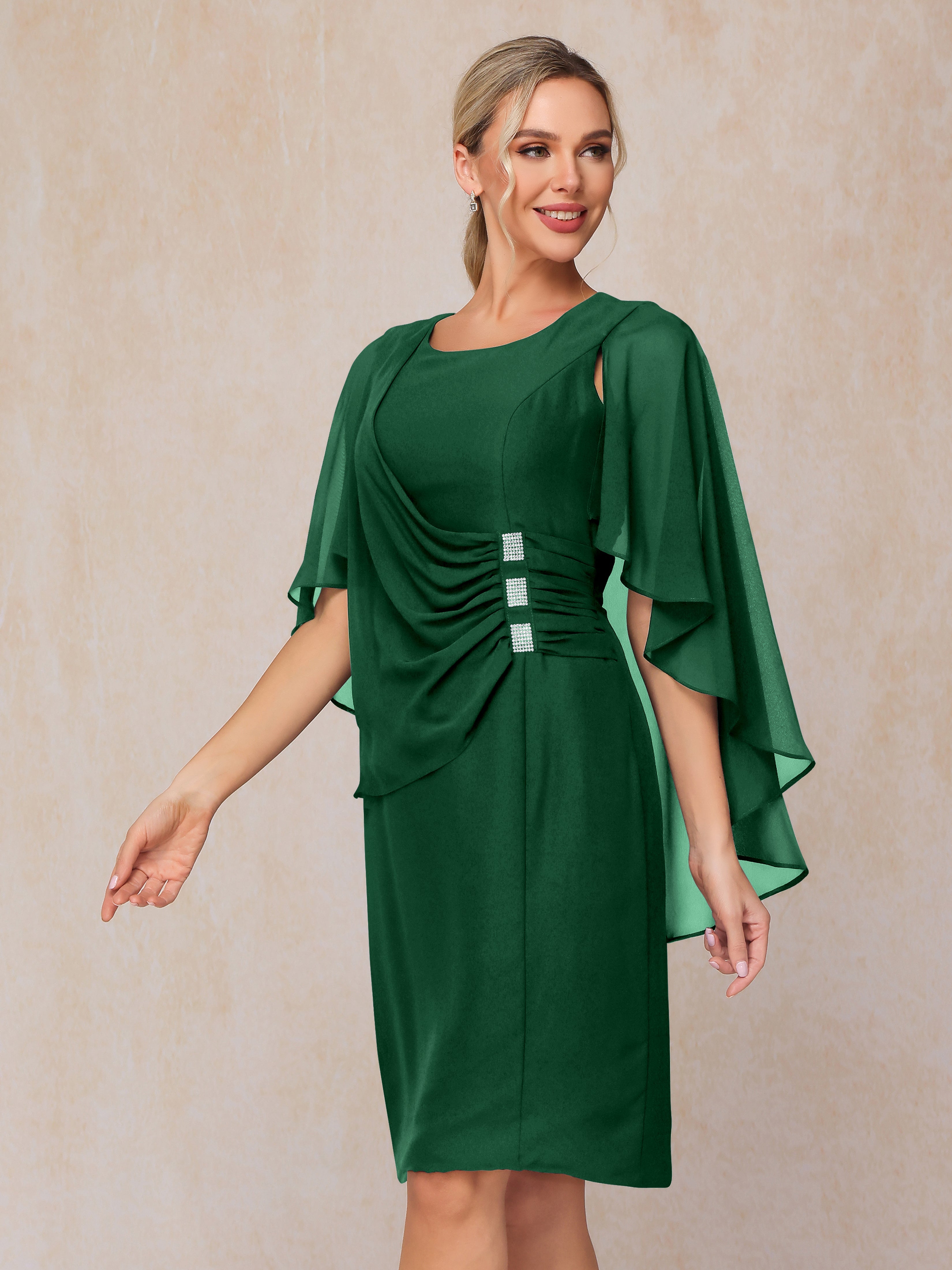 Short Sleeves Knee Length Chiffon Mother Of The Groom Dress With Beading
