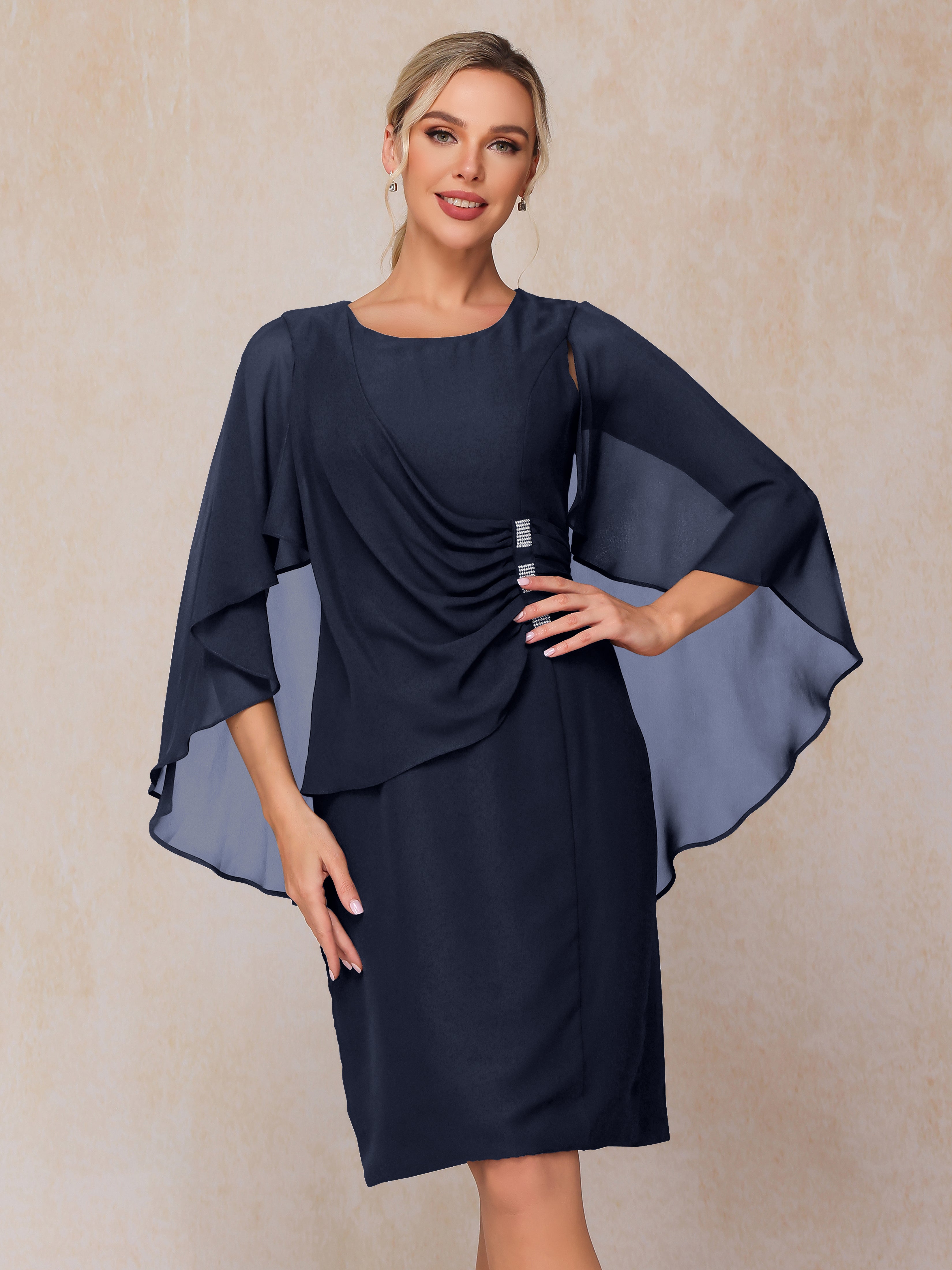 Short Sleeves Knee Length Chiffon Mother Of The Groom Dress With Beading