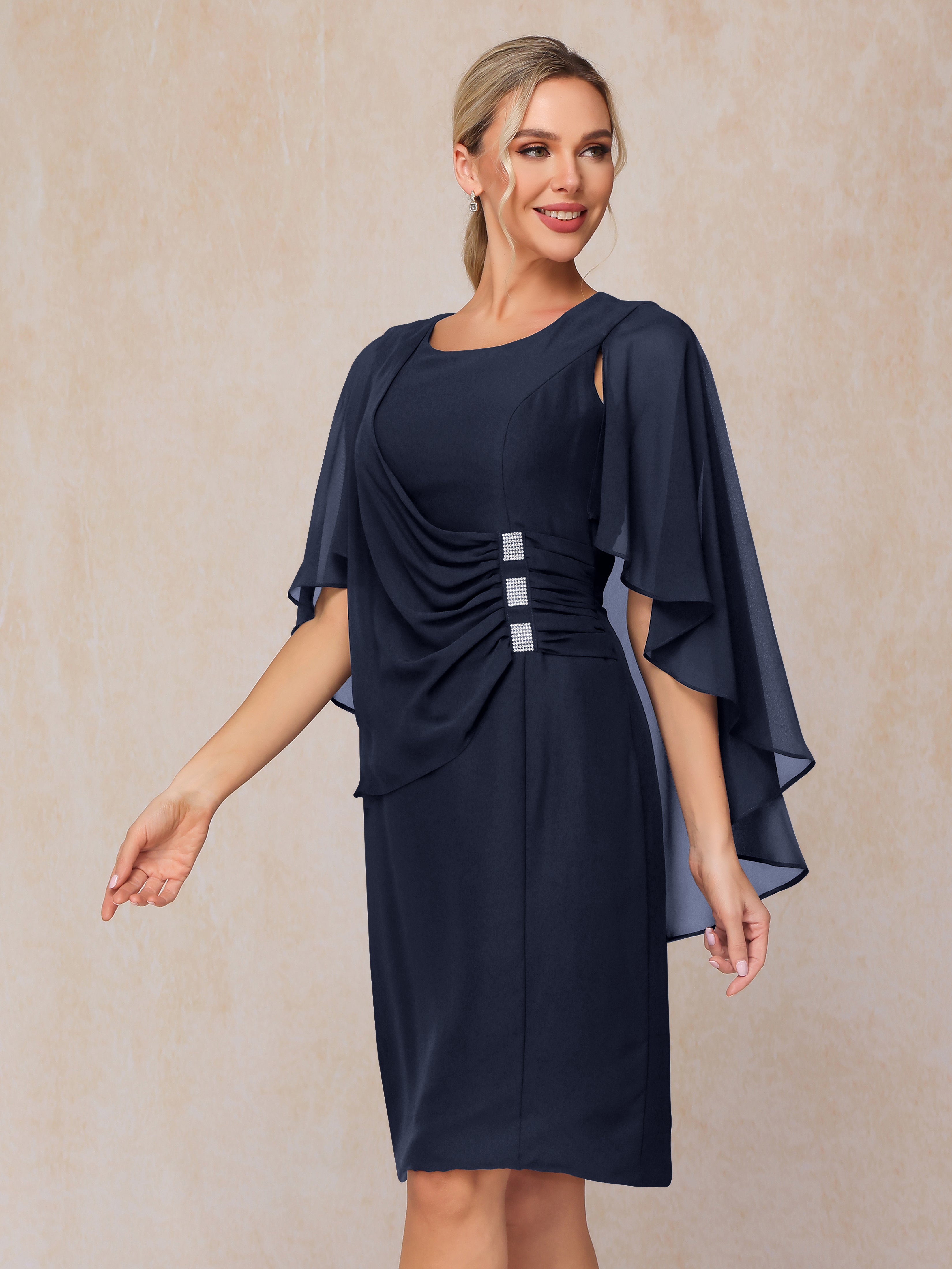 Short Sleeves Knee Length Chiffon Mother Of The Groom Dress With Beading