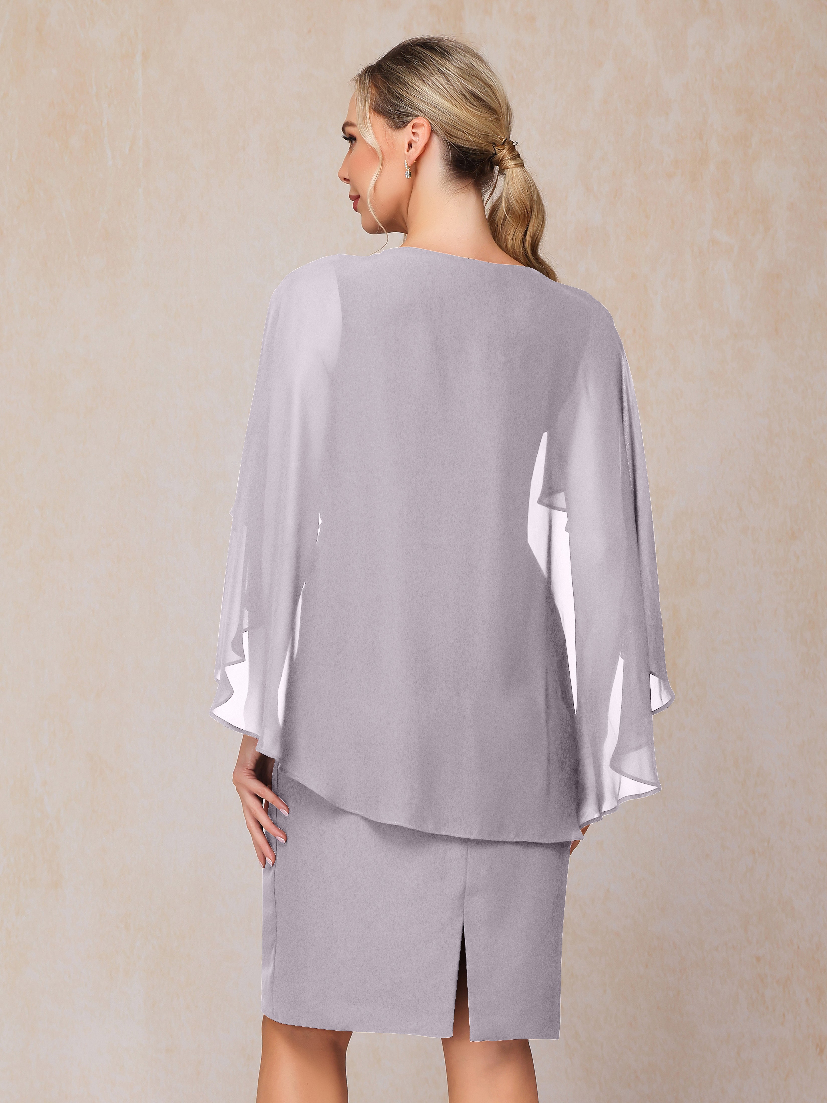 Short Sleeves Knee Length Chiffon Mother Of The Groom Dress With Beading