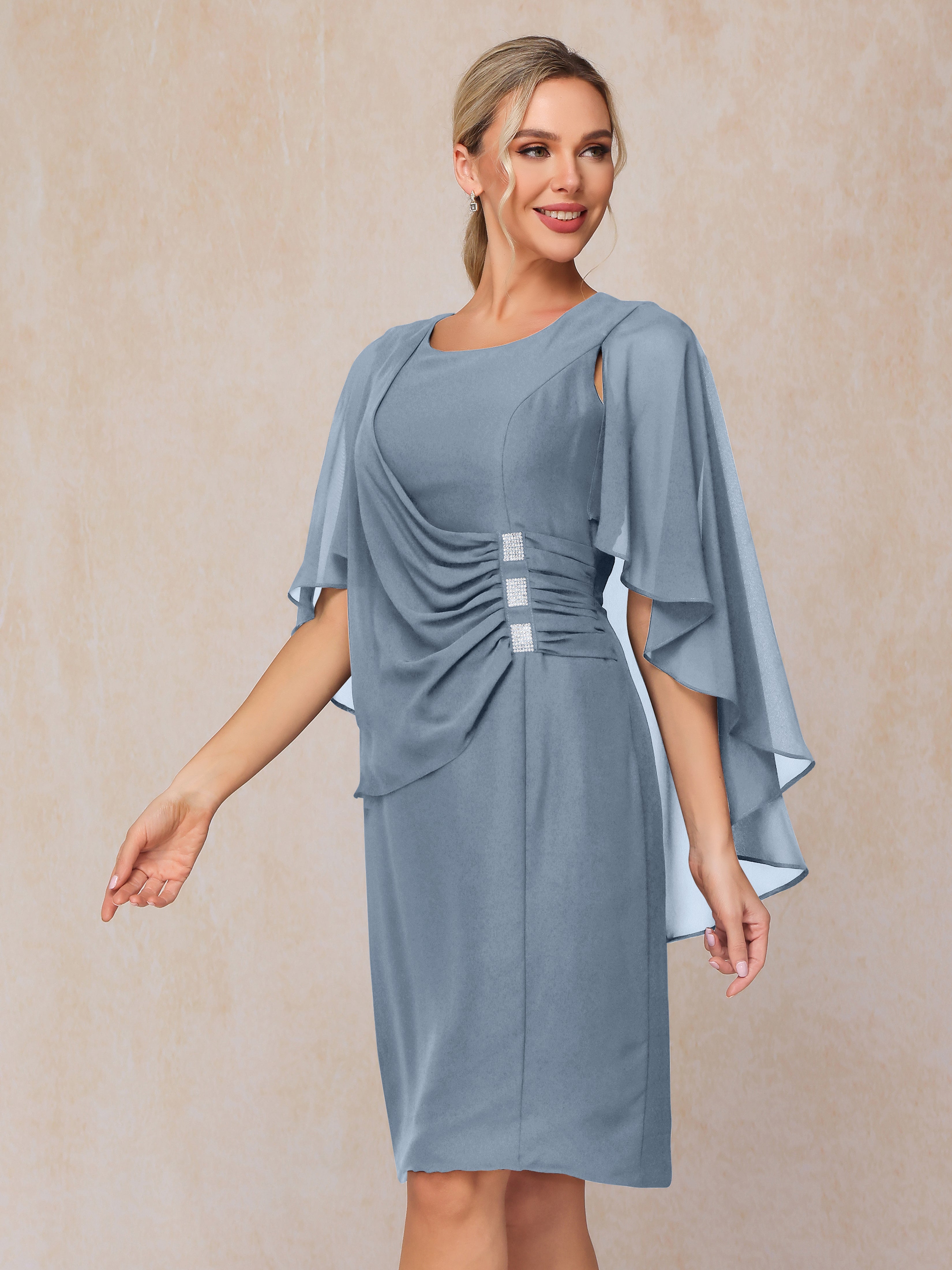 Short Sleeves Knee Length Chiffon Mother Of The Groom Dress With Beading