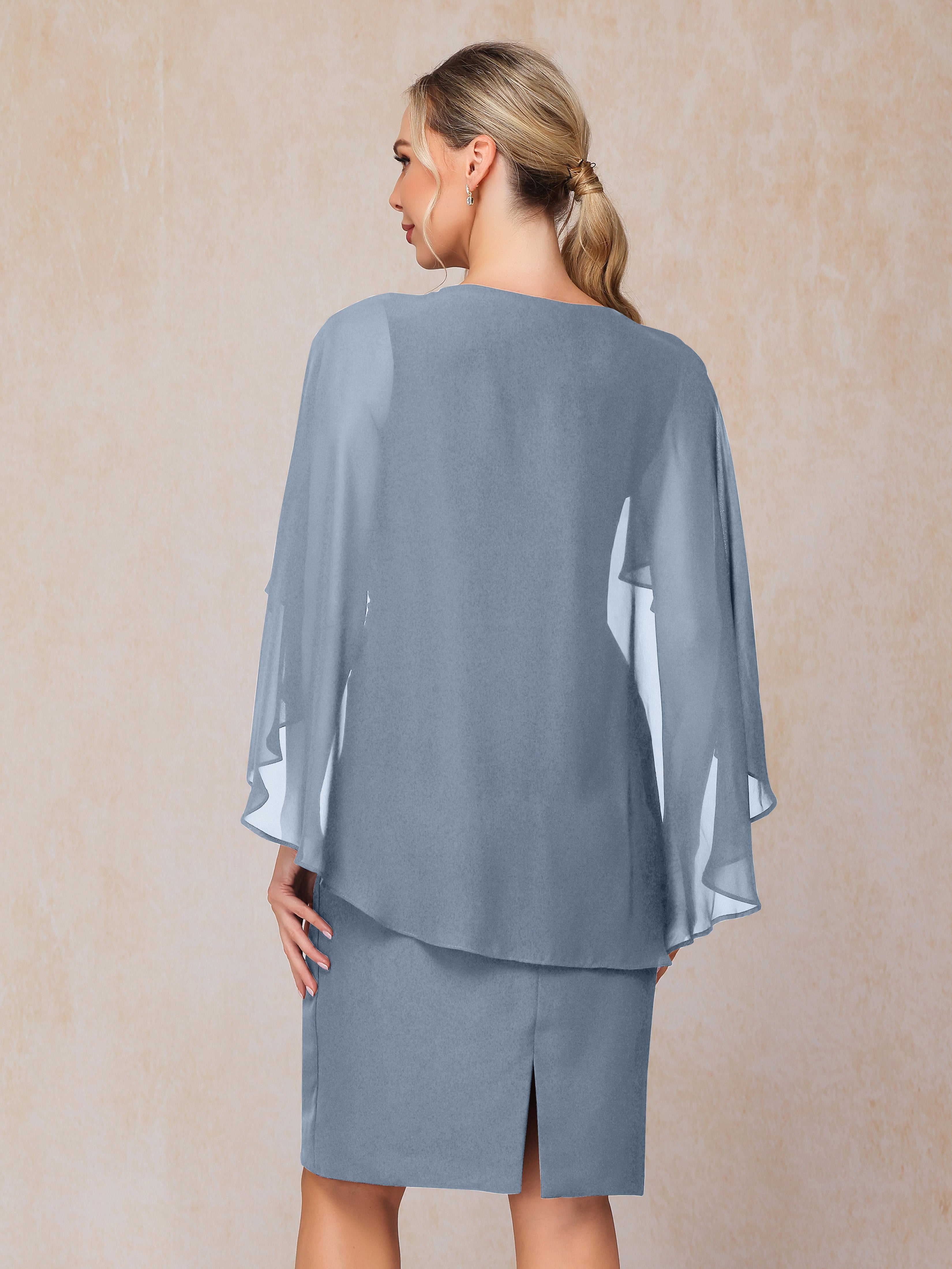Short Sleeves Knee Length Chiffon Mother Of The Groom Dress With Beading