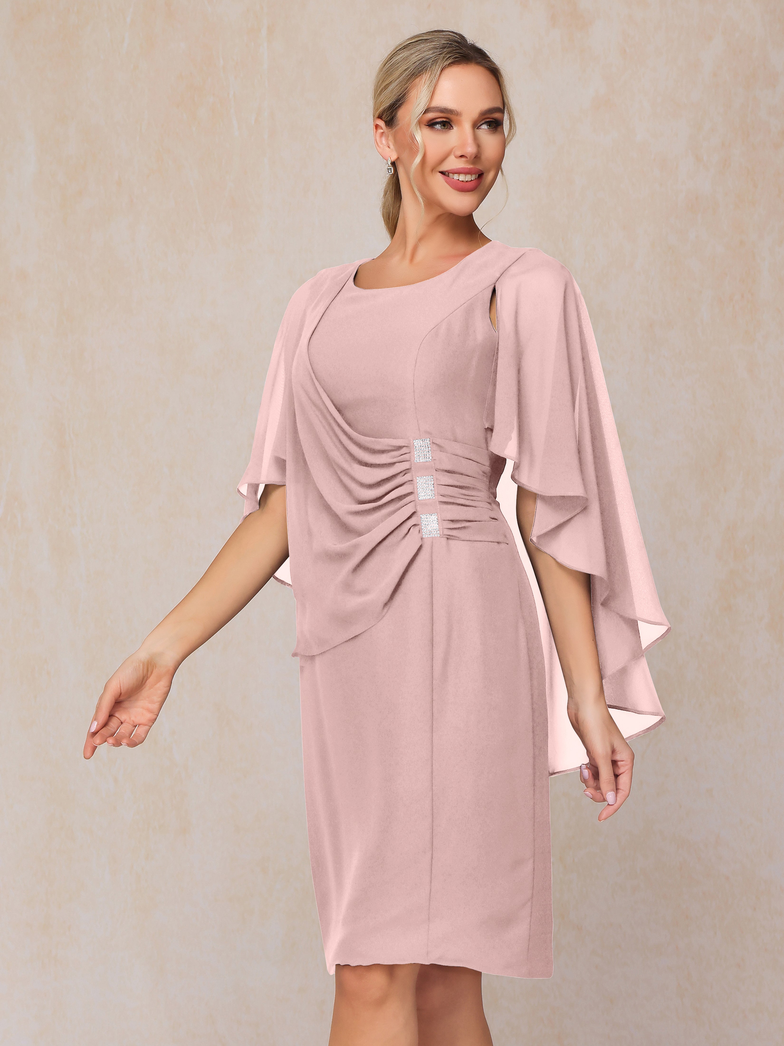 Short Sleeves Knee Length Chiffon Mother Of The Groom Dress With Beading