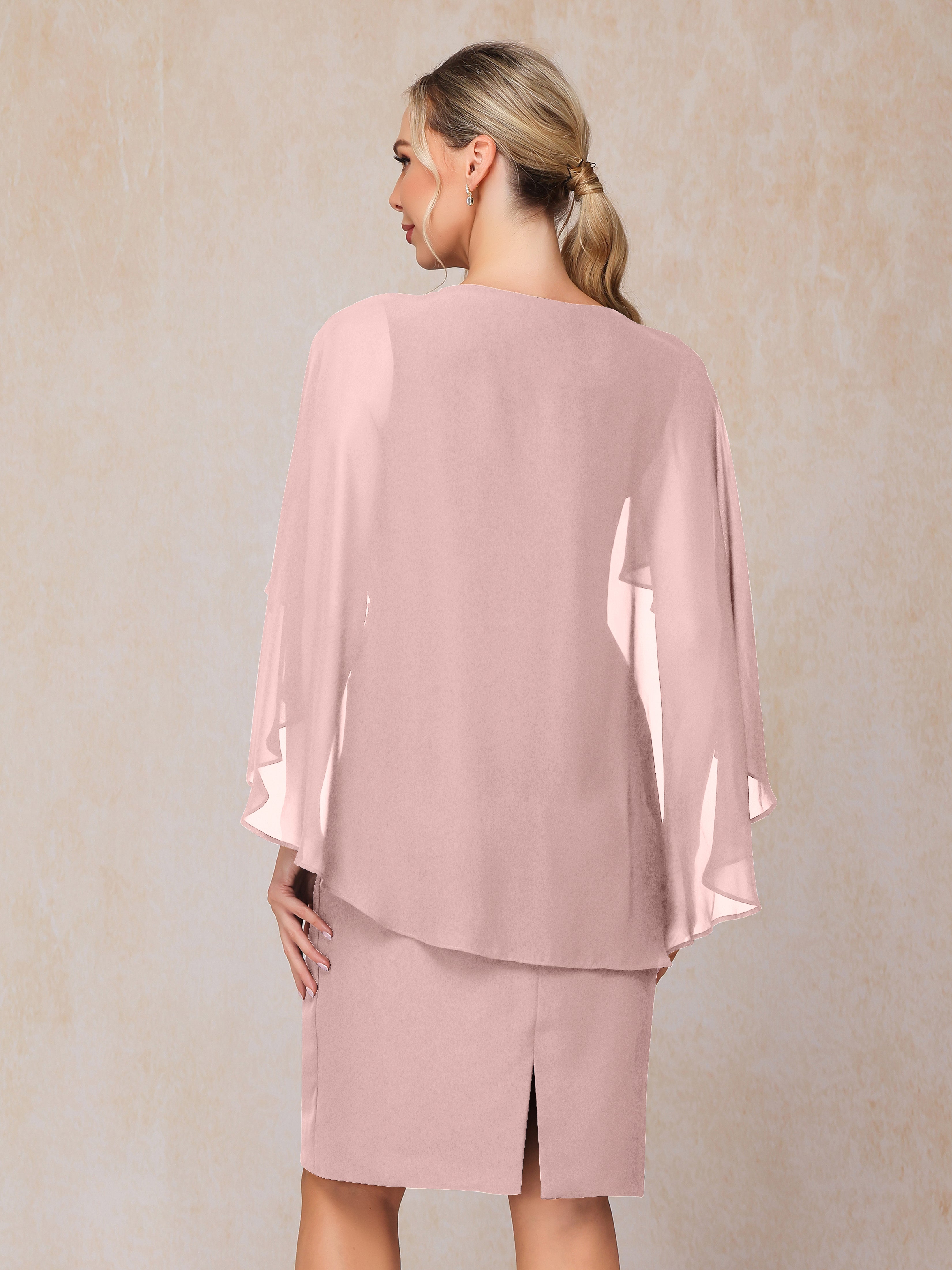 Short Sleeves Knee Length Chiffon Mother Of The Groom Dress With Beading