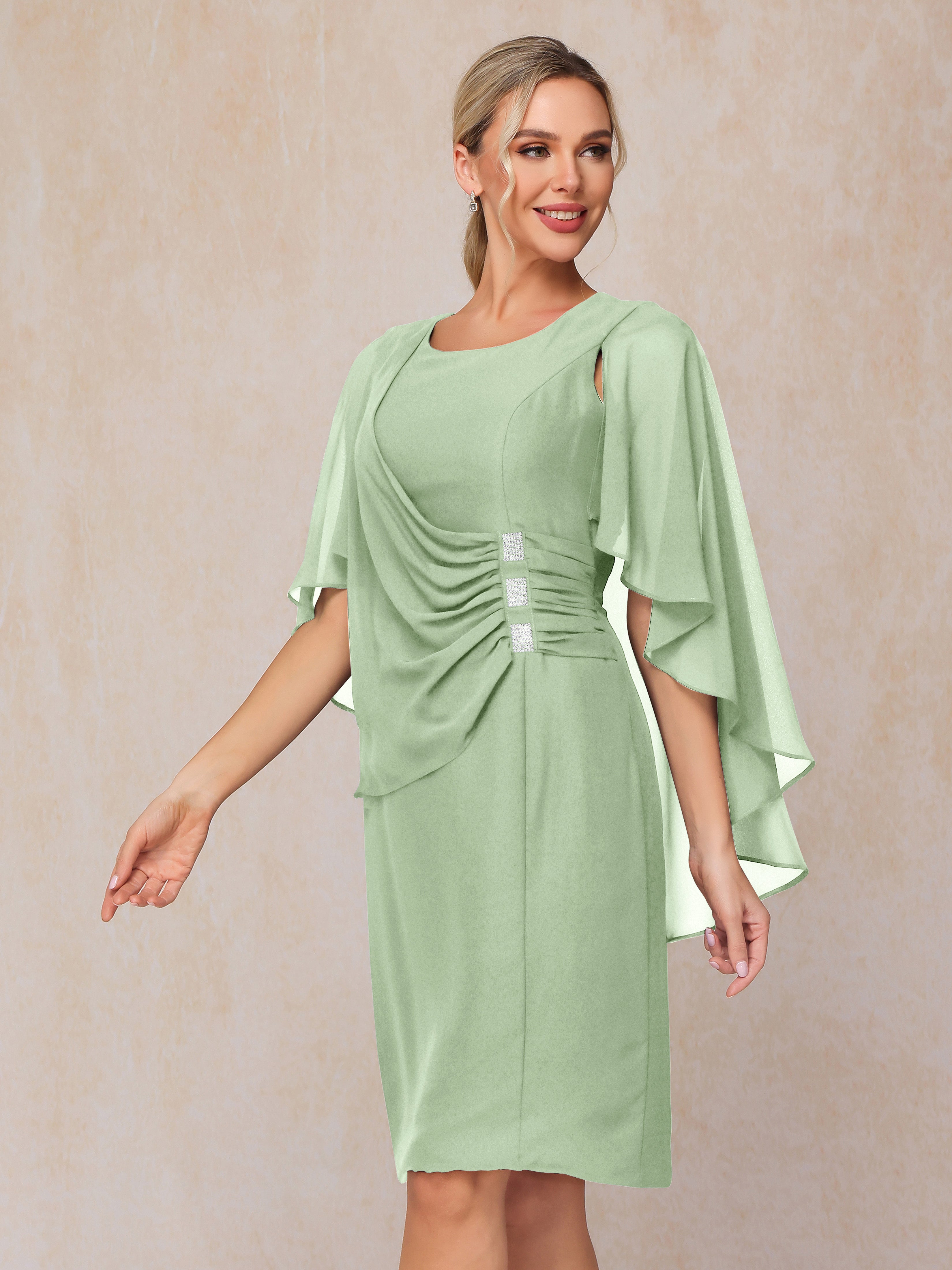 Short Sleeves Knee Length Chiffon Mother Of The Groom Dress With Beading