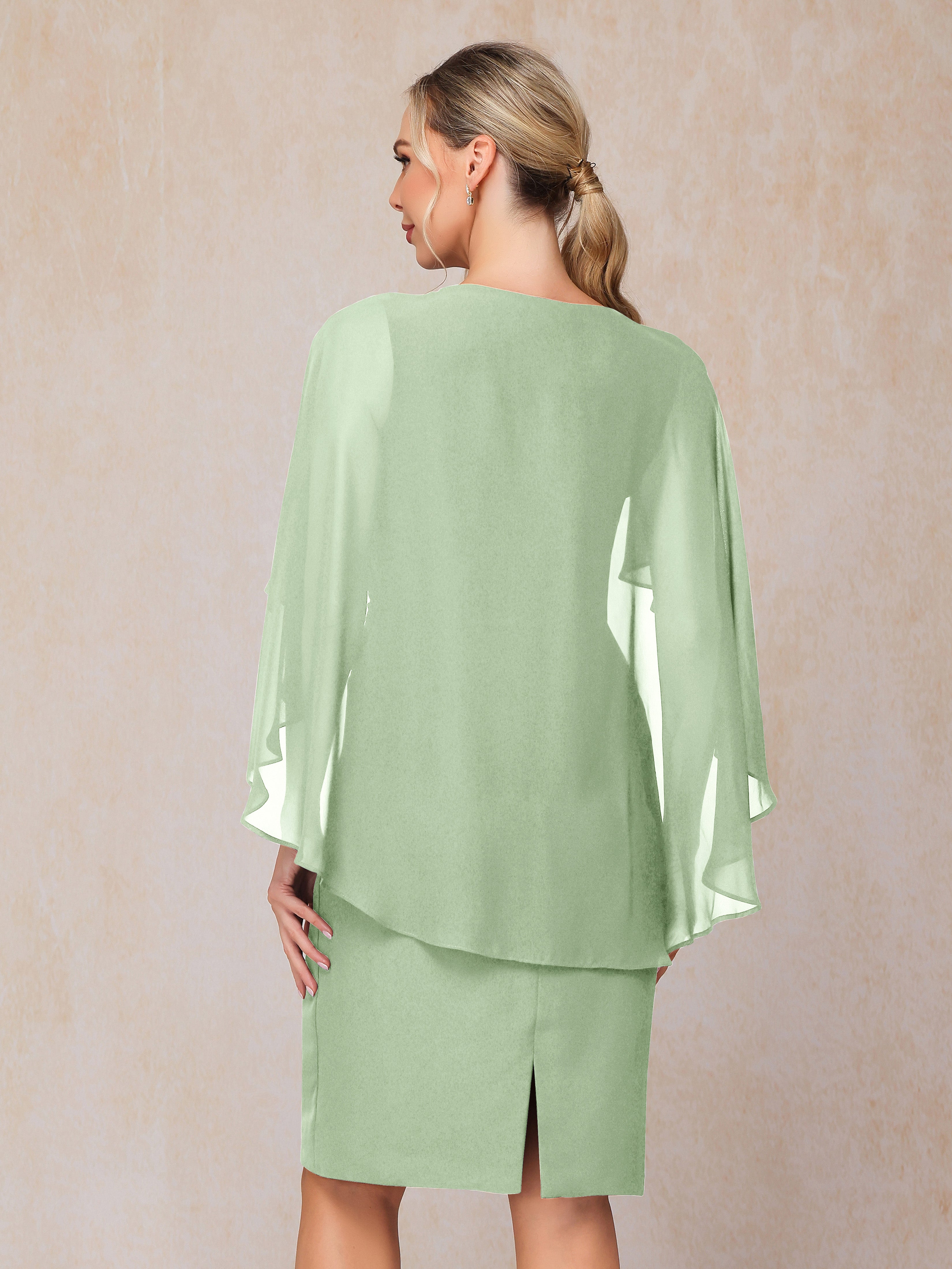 Short Sleeves Knee Length Chiffon Mother Of The Groom Dress With Beading