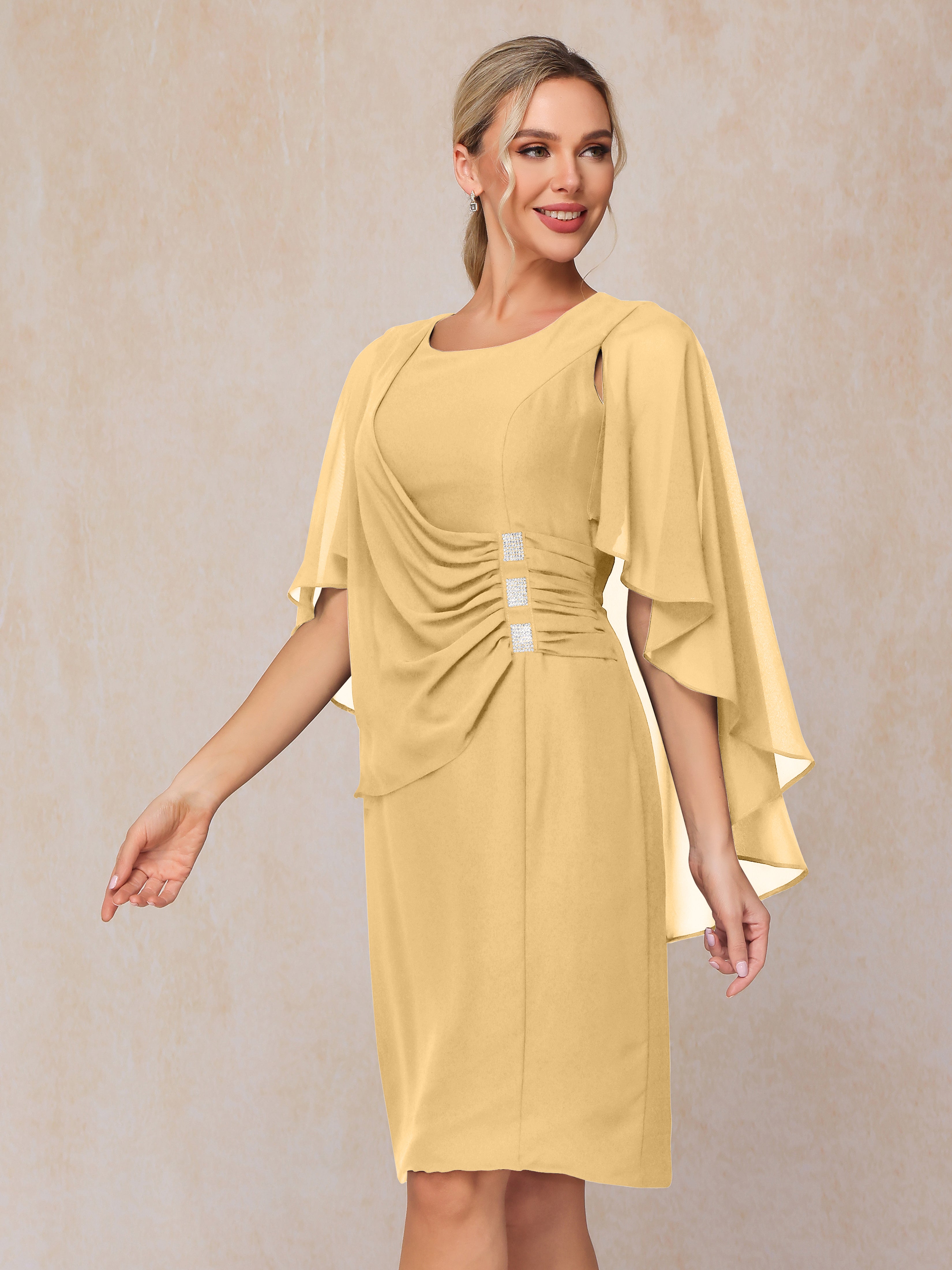 Short Sleeves Knee Length Chiffon Mother Of The Groom Dress With Beading