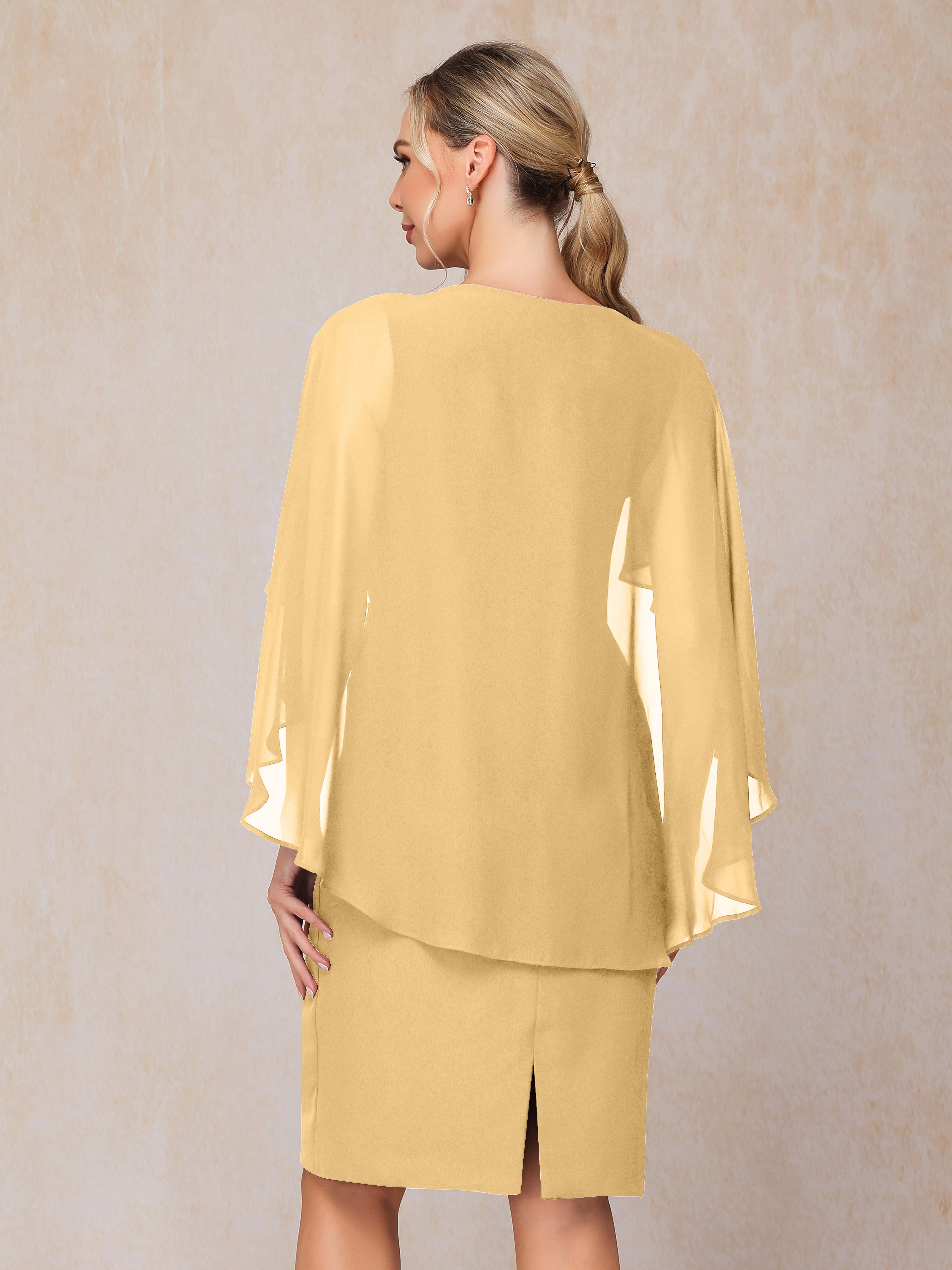 Short Sleeves Knee Length Chiffon Mother Of The Groom Dress With Beading