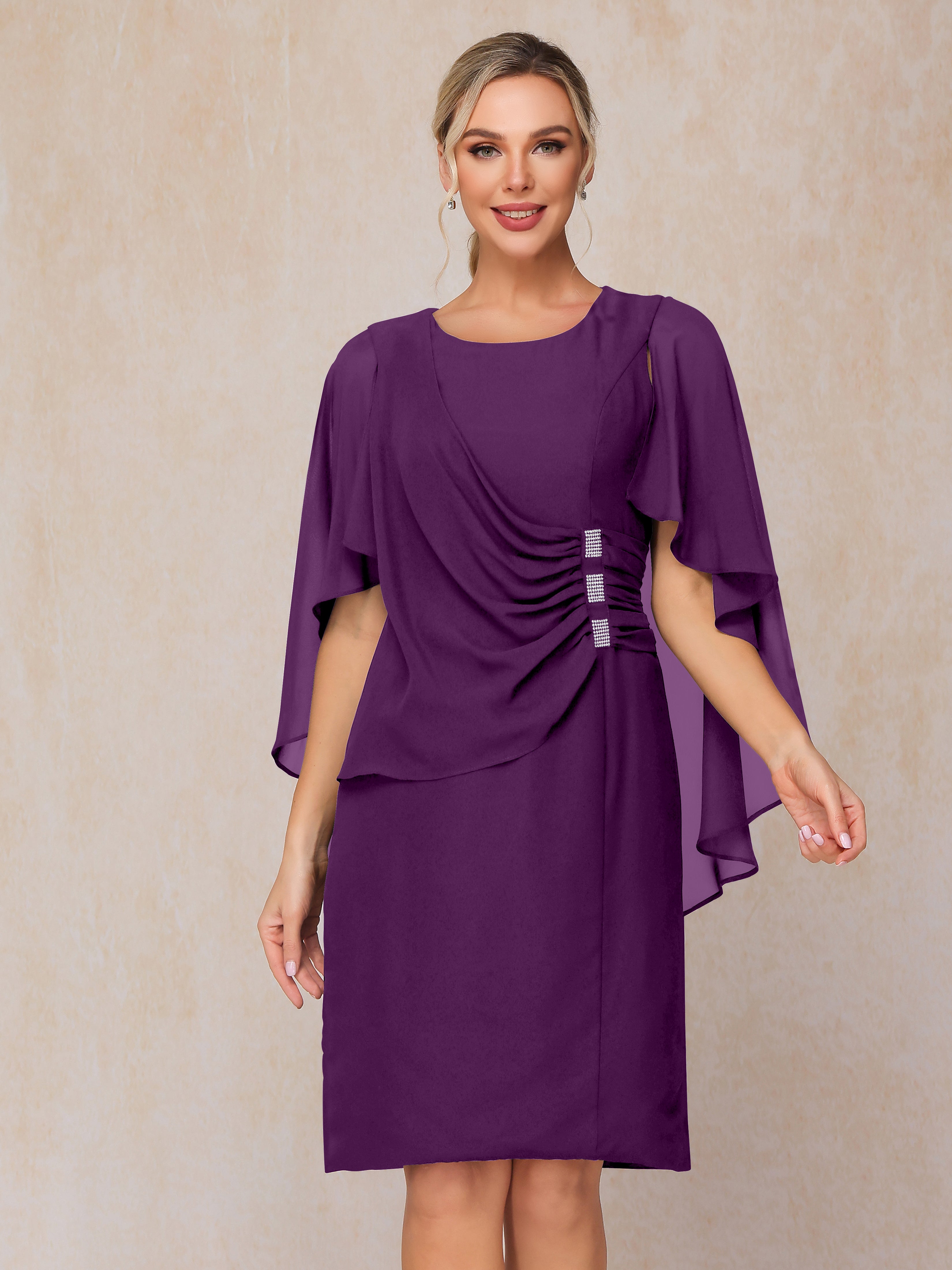 Short Sleeves Knee Length Chiffon Mother Of The Bride Dress With Beadi Short Sleeves Knee Length Chiffon Mother Of The Bride Dress With Beadi