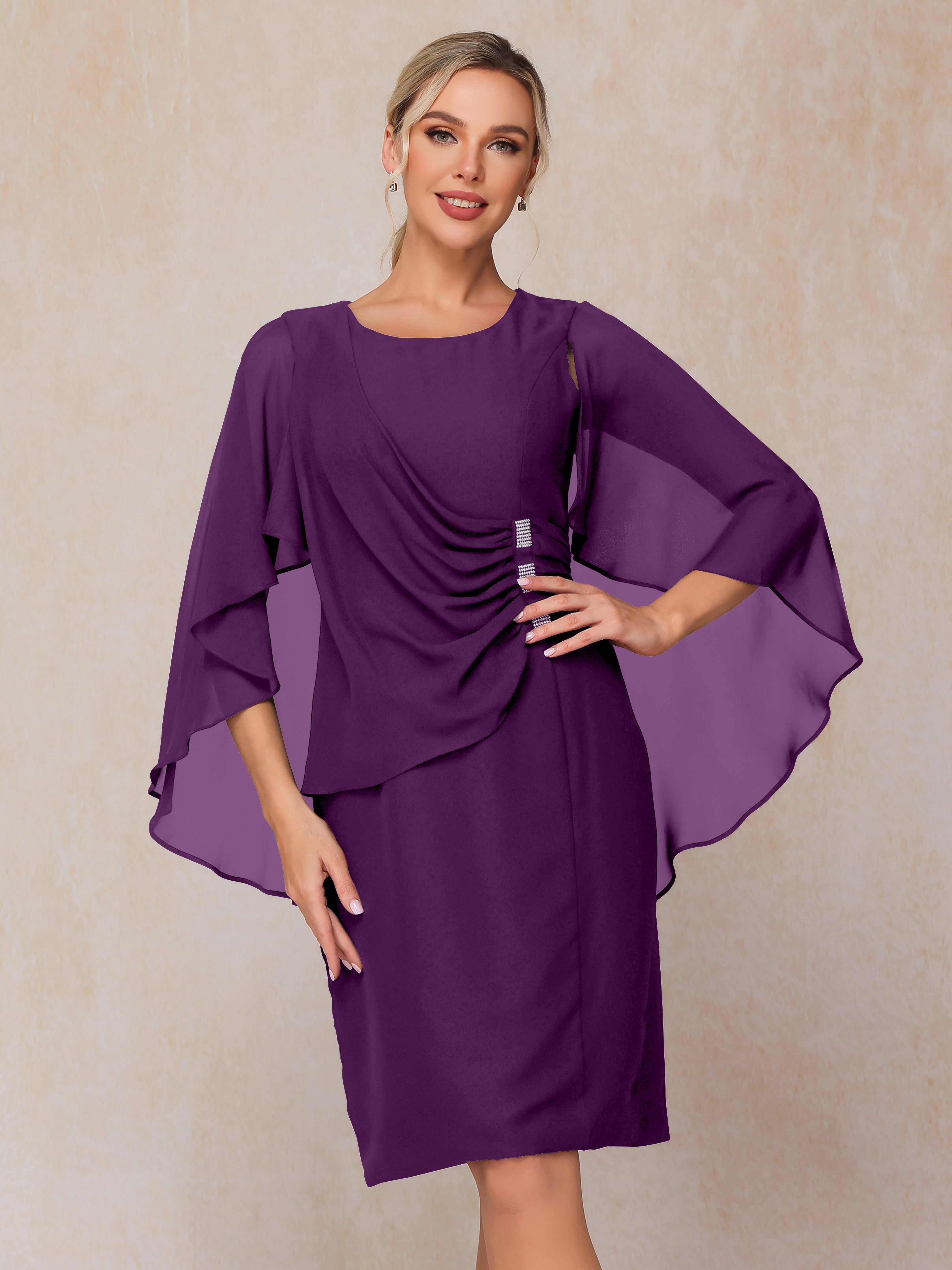Short Sleeves Knee Length Chiffon Mother Of The Groom Dress With Beading