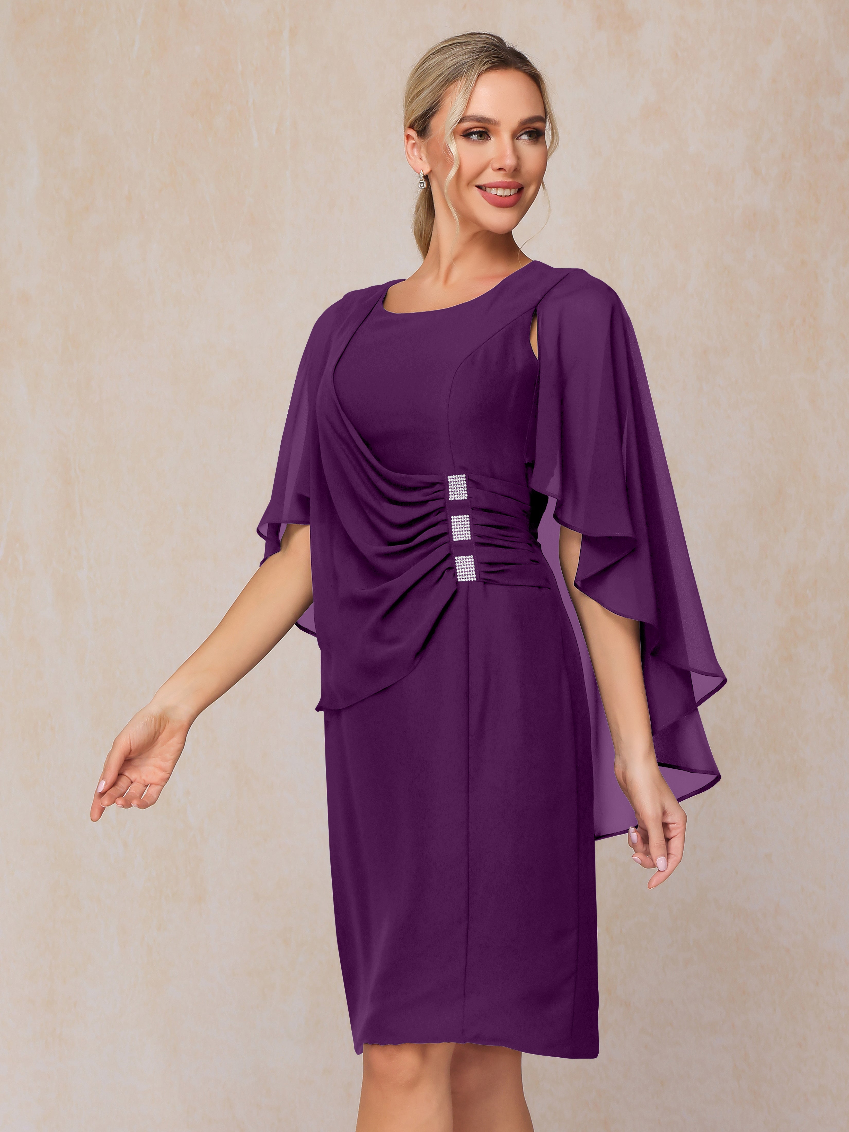 Short Sleeves Knee Length Chiffon Mother Of The Groom Dress With Beading