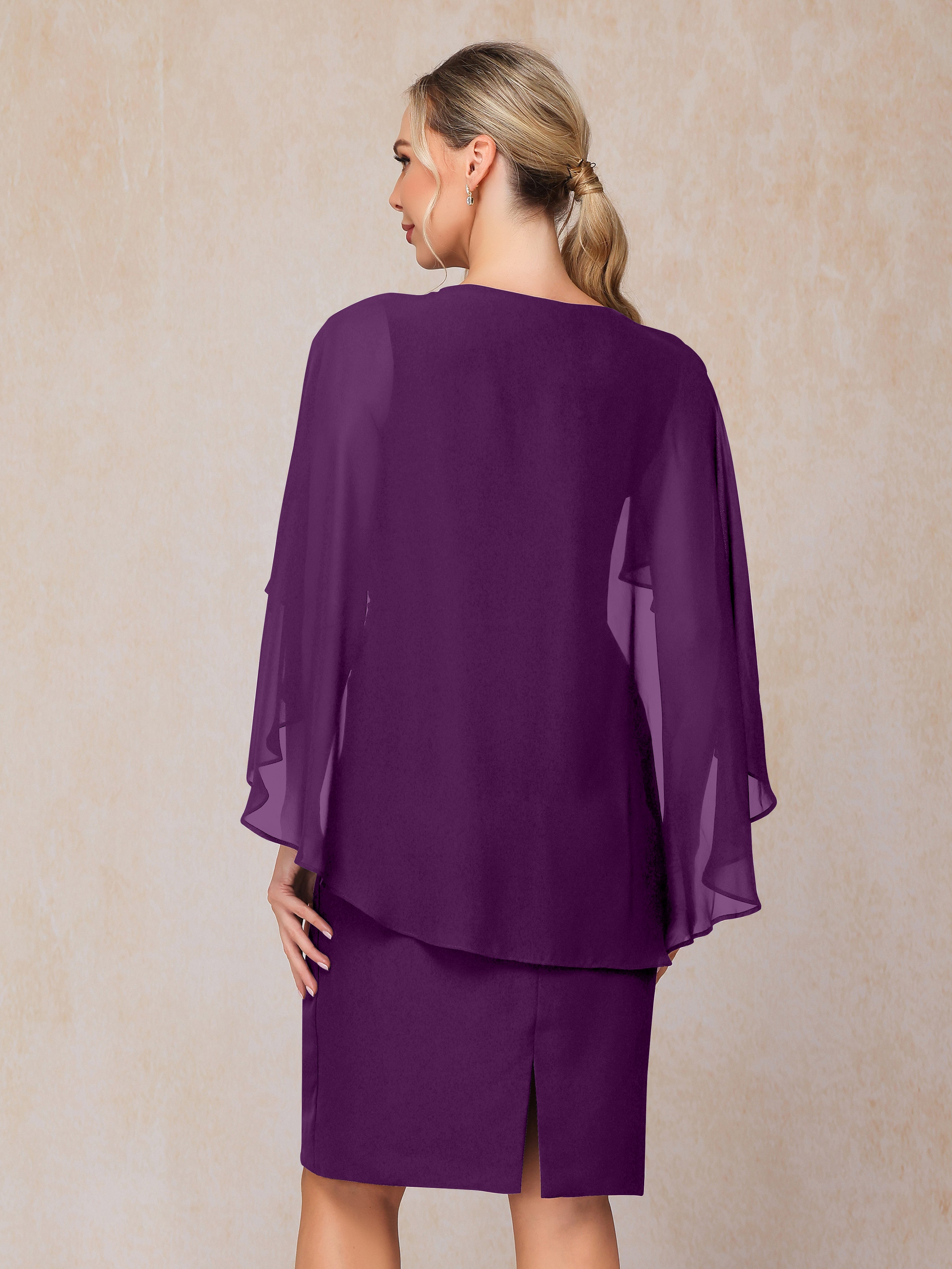 Short Sleeves Knee Length Chiffon Mother Of The Groom Dress With Beading