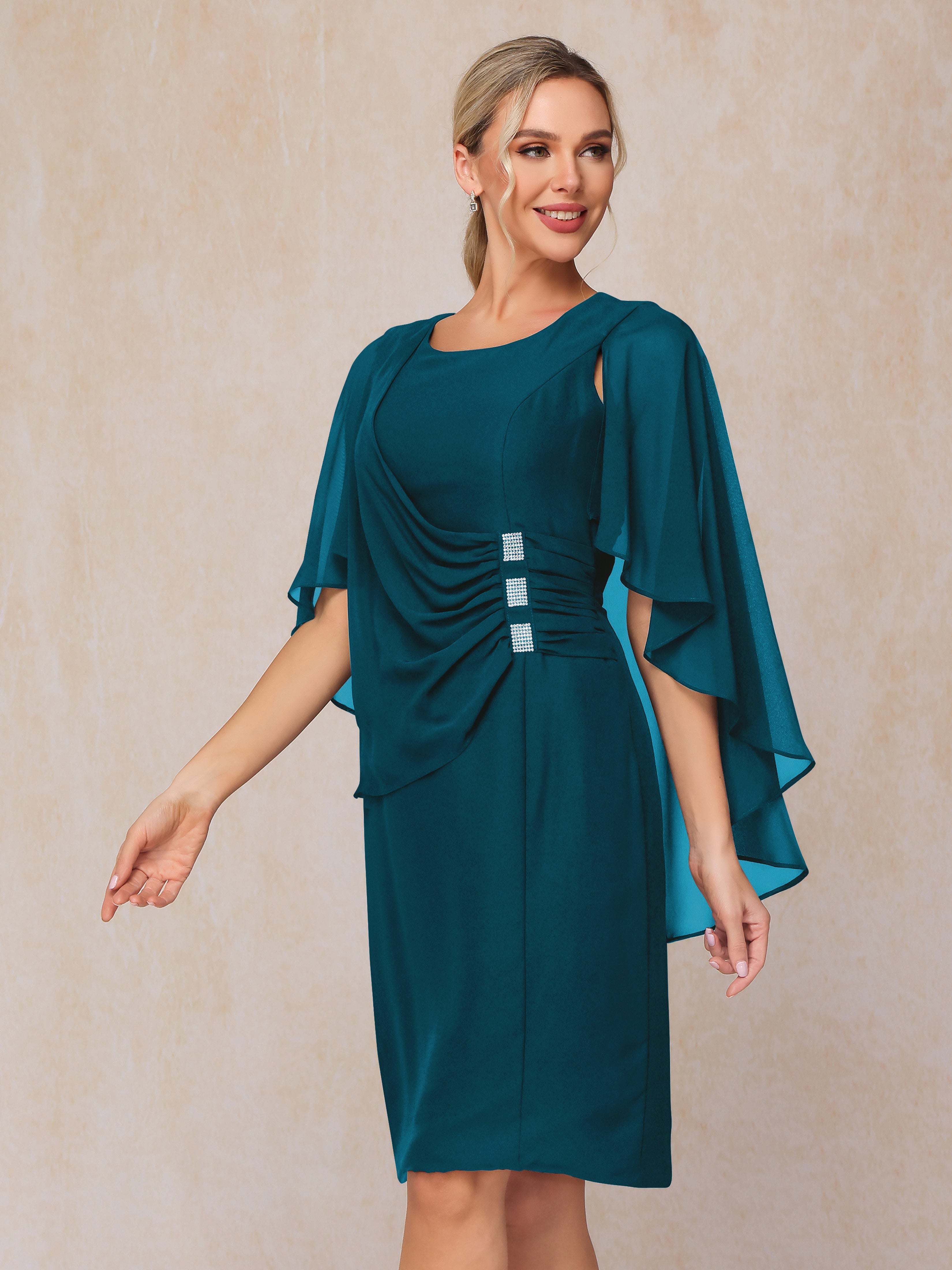 Short Sleeves Knee Length Chiffon Mother Of The Groom Dress With Beading