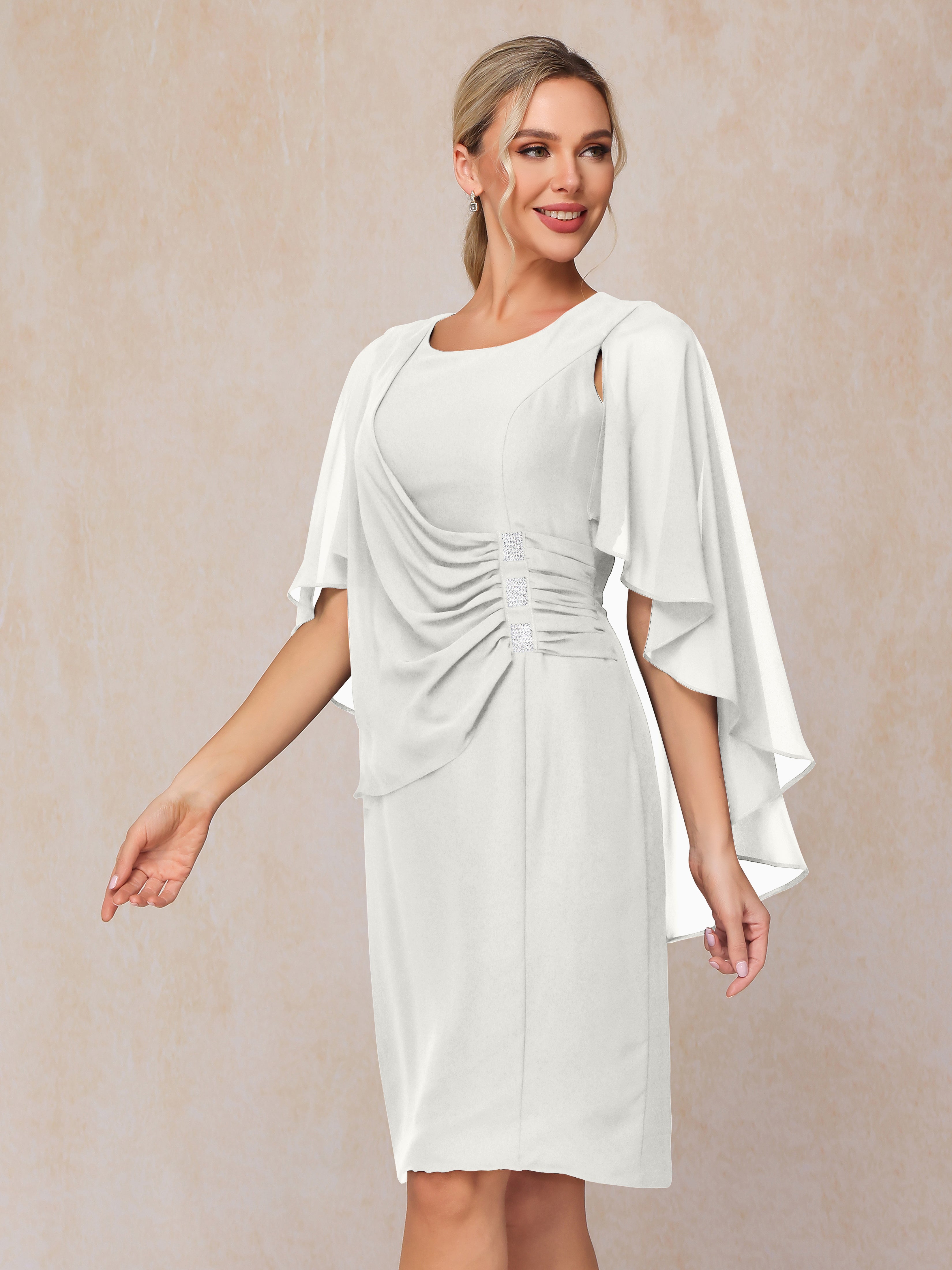 Short Sleeves Knee Length Chiffon Mother Of The Groom Dress With Beading