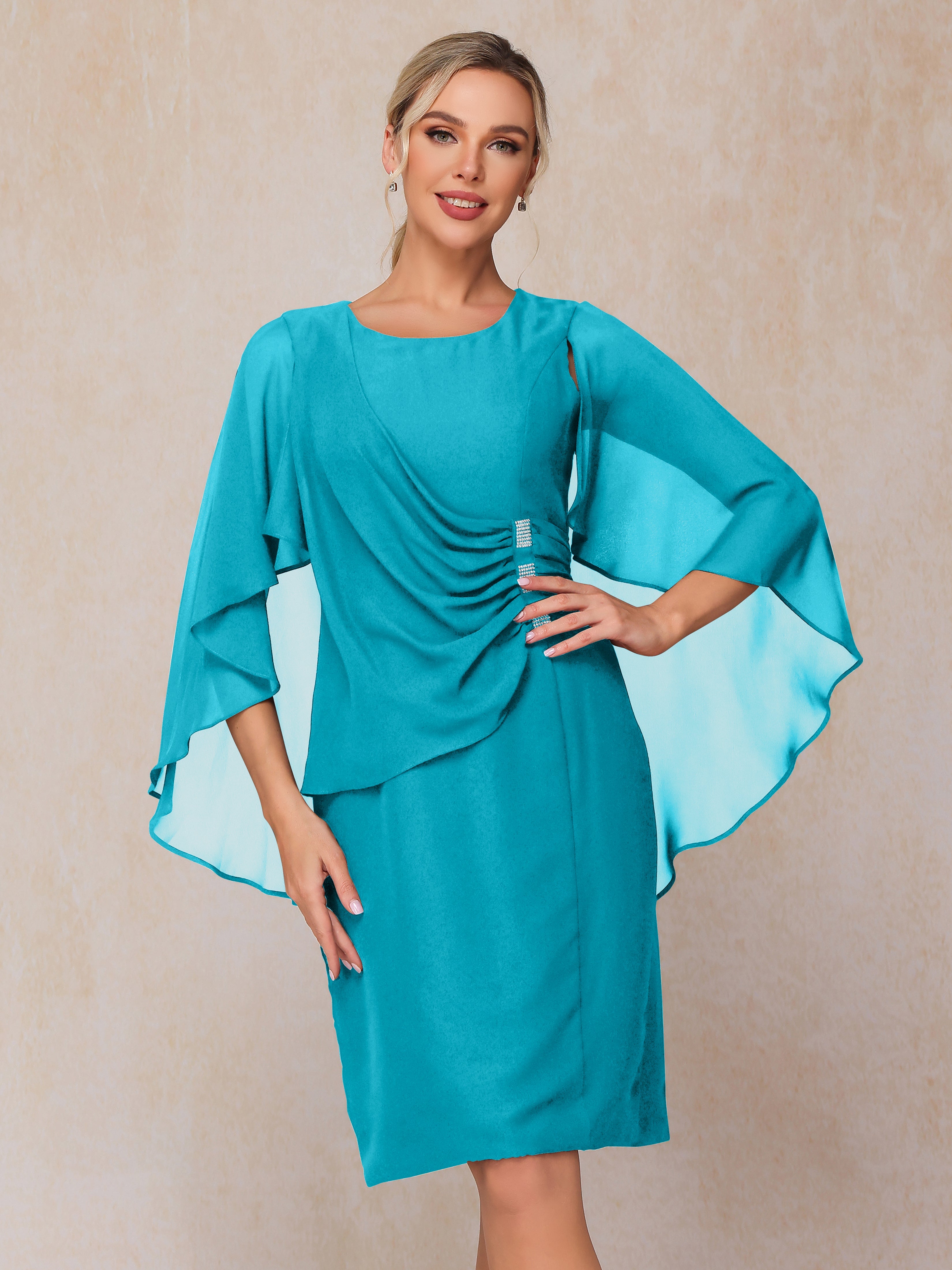 Short Sleeves Knee Length Chiffon Mother Of The Groom Dress With Beading