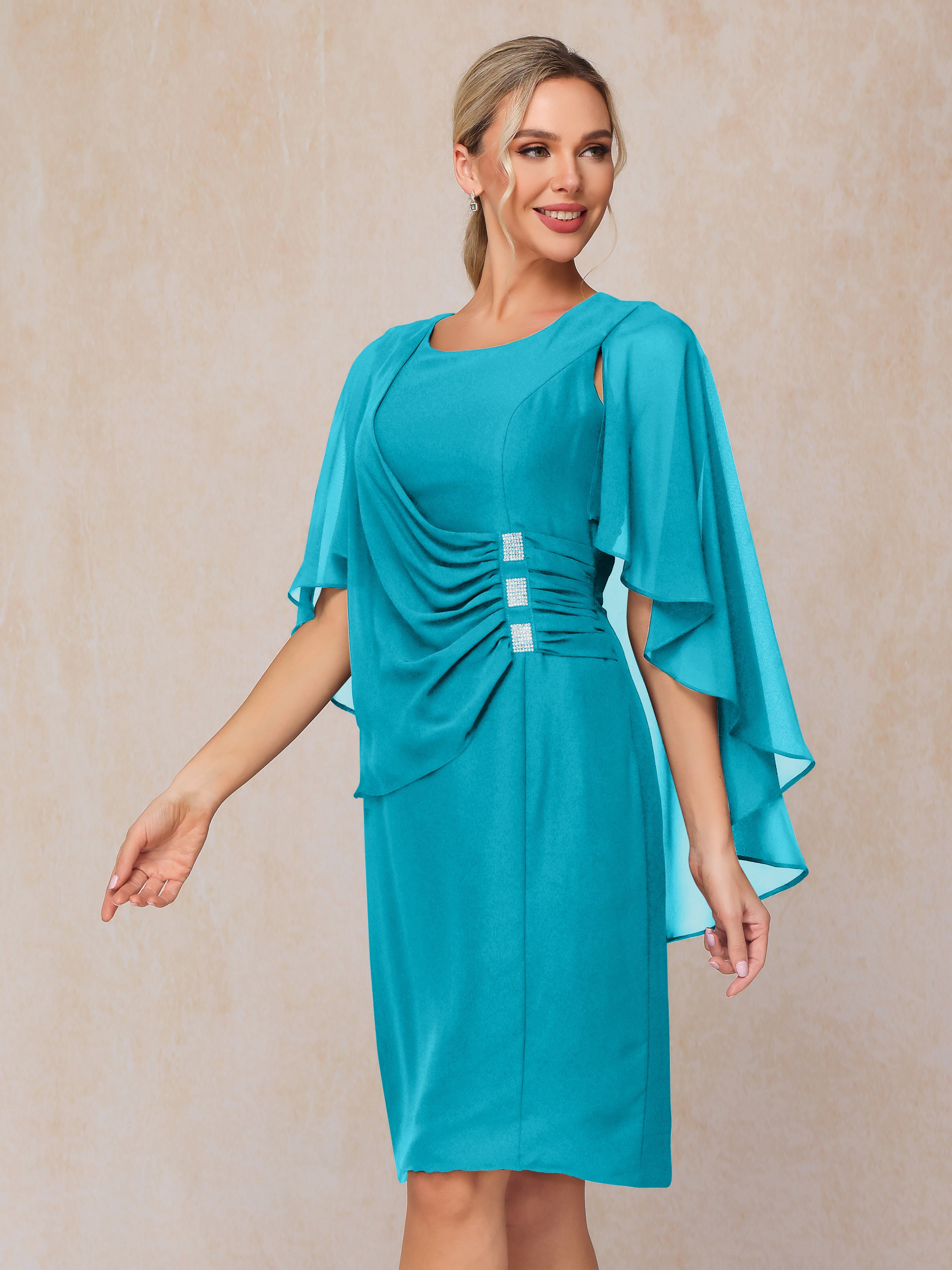 Short Sleeves Knee Length Chiffon Mother Of The Groom Dress With Beading