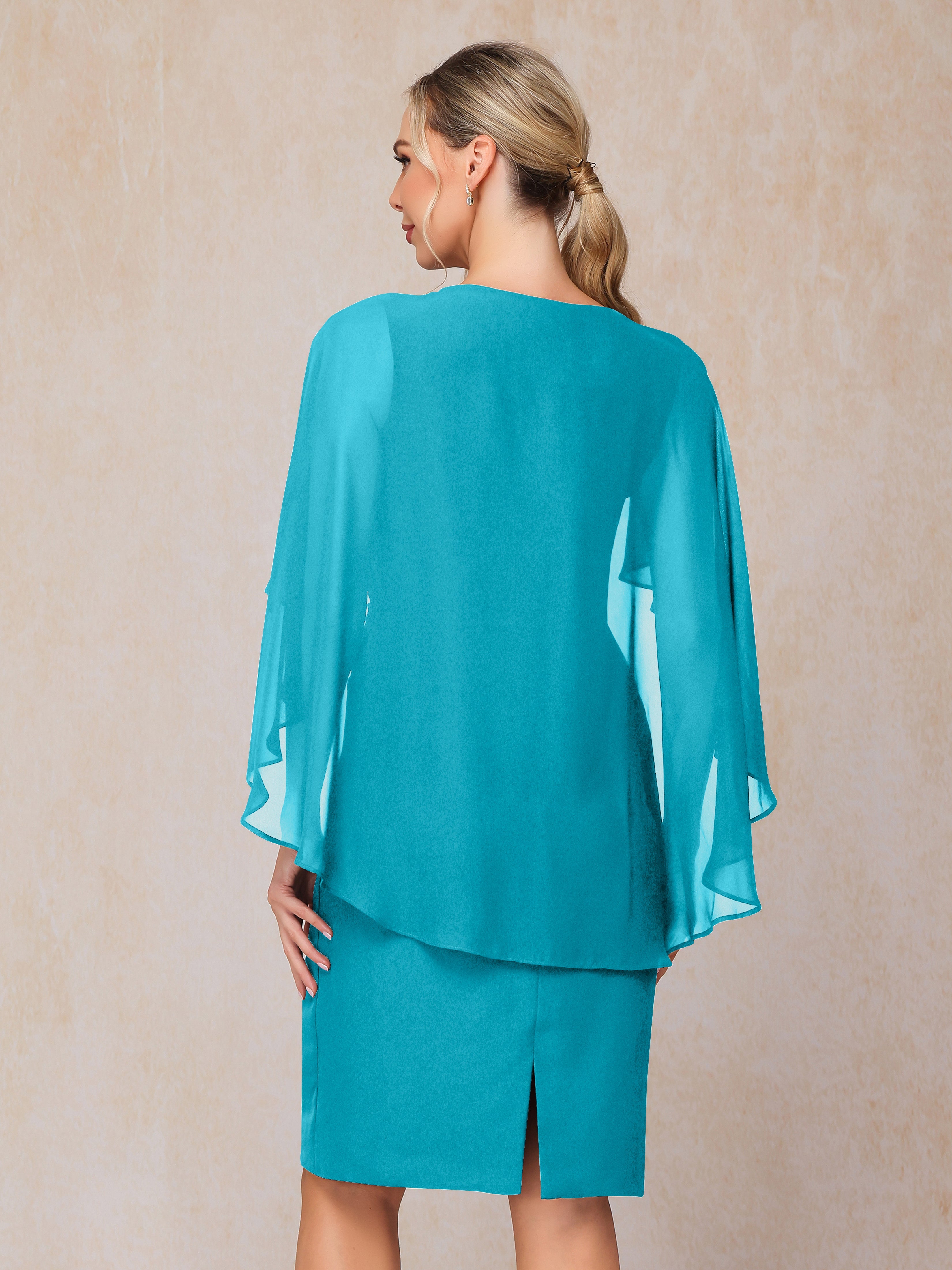 Short Sleeves Knee Length Chiffon Mother Of The Groom Dress With Beading