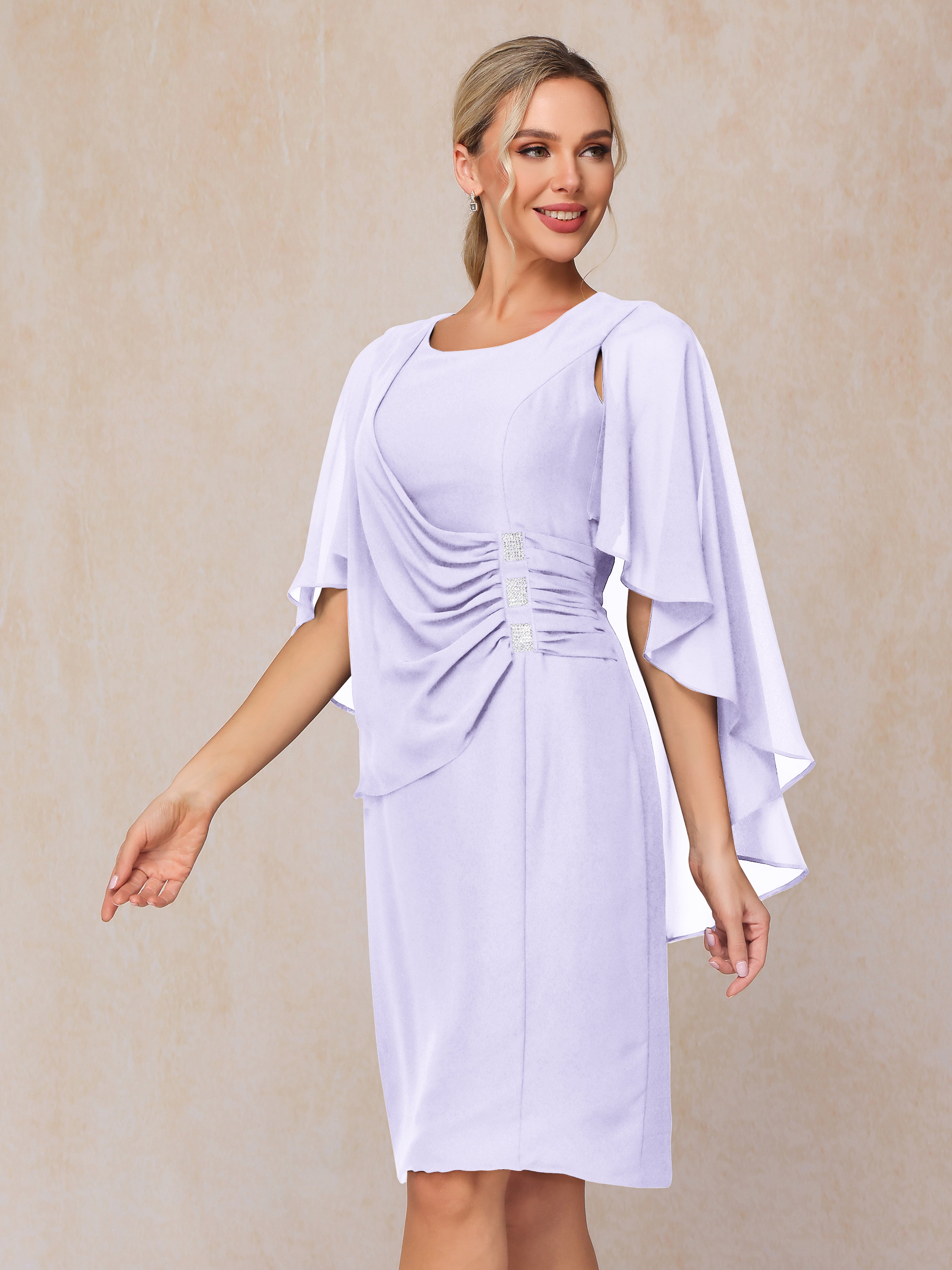 Short Sleeves Knee Length Chiffon Mother Of The Groom Dress With Beading