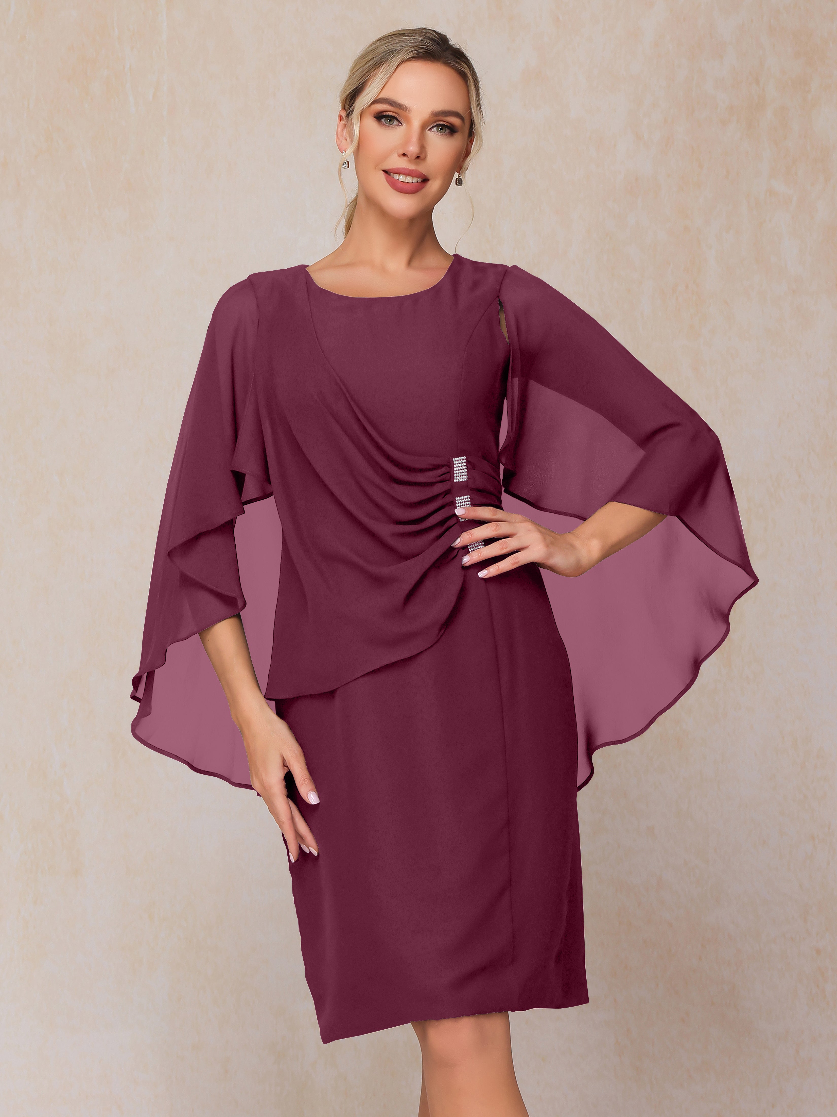 Short Sleeves Knee Length Chiffon Mother Of The Bride Dress With Beading