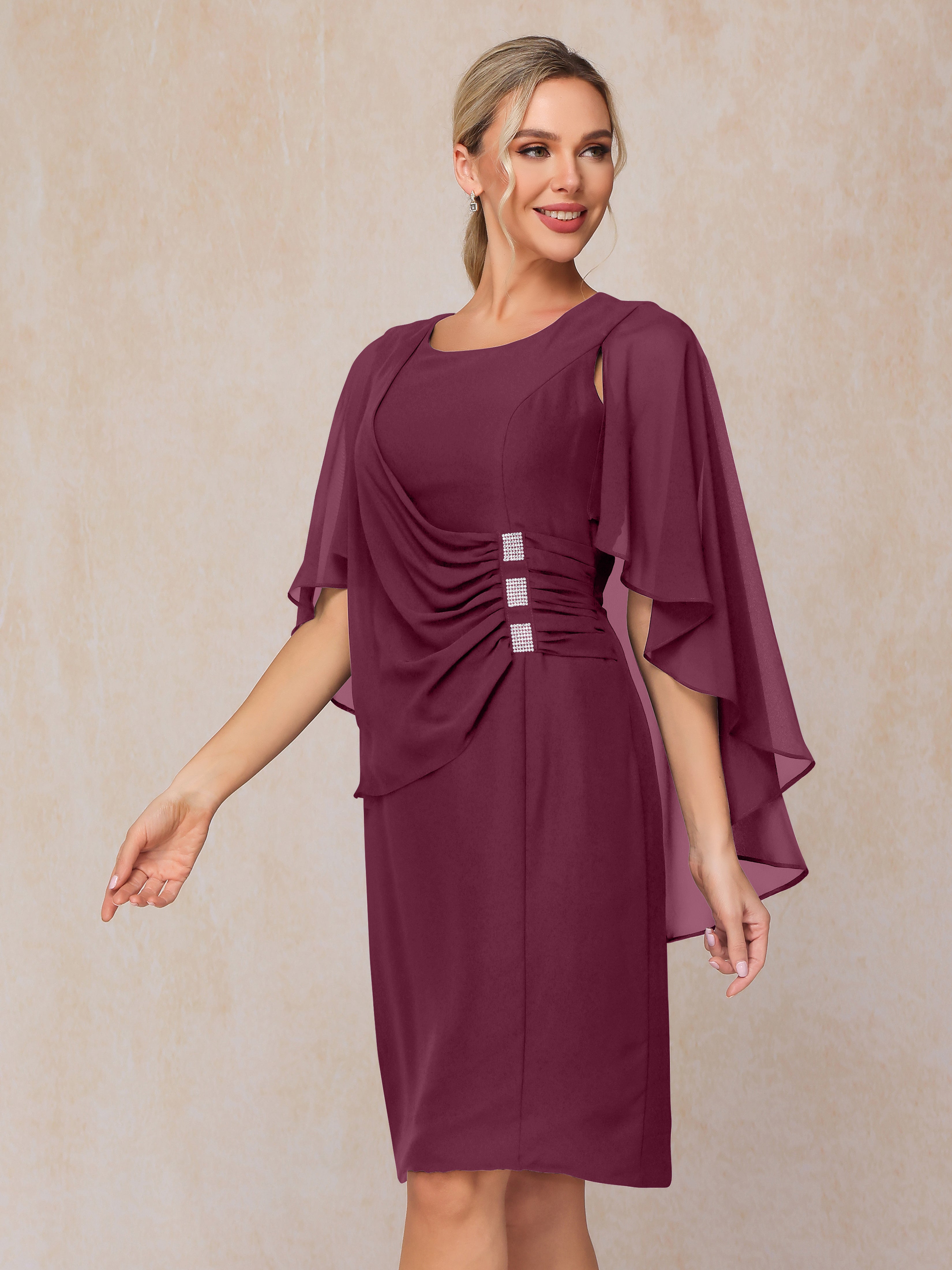 Short Sleeves Knee Length Chiffon Mother Of The Groom Dress With Beading