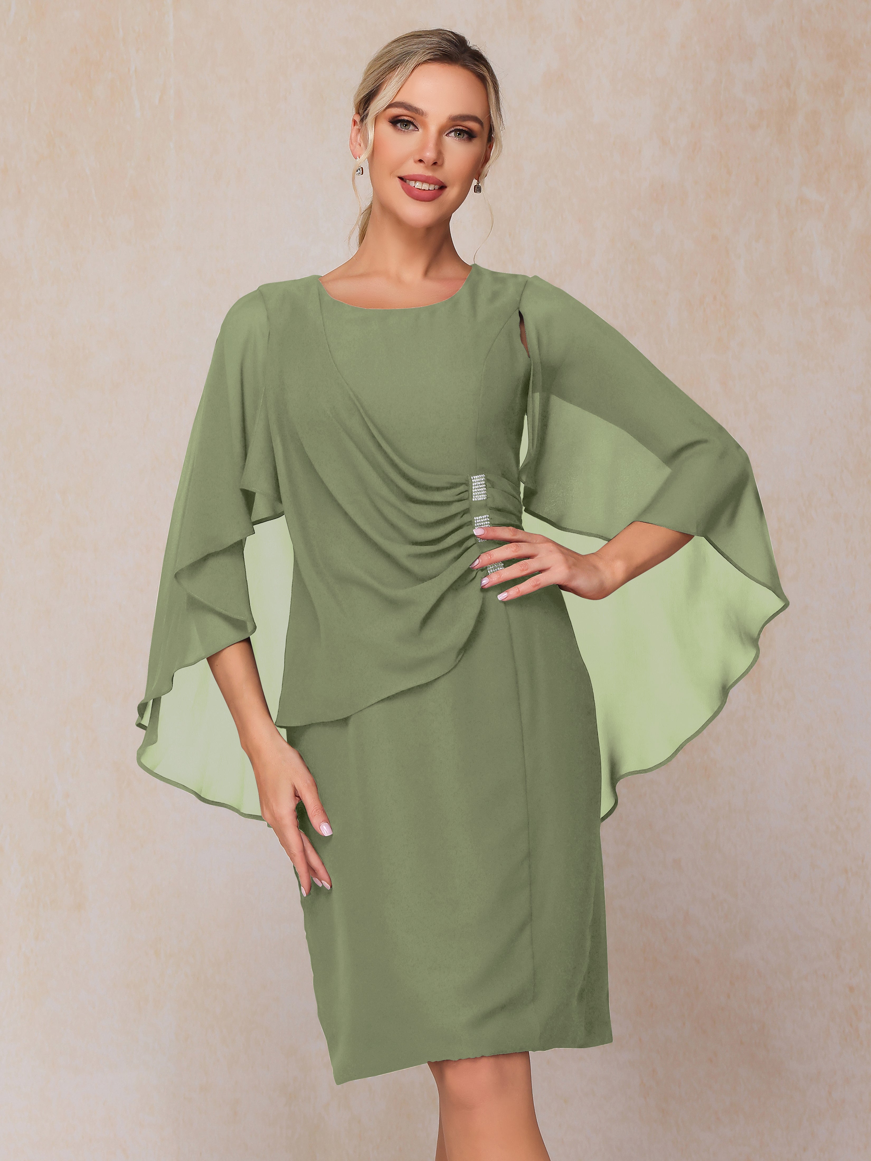Short Sleeves Knee Length Chiffon Mother Of The Groom Dress With Beading