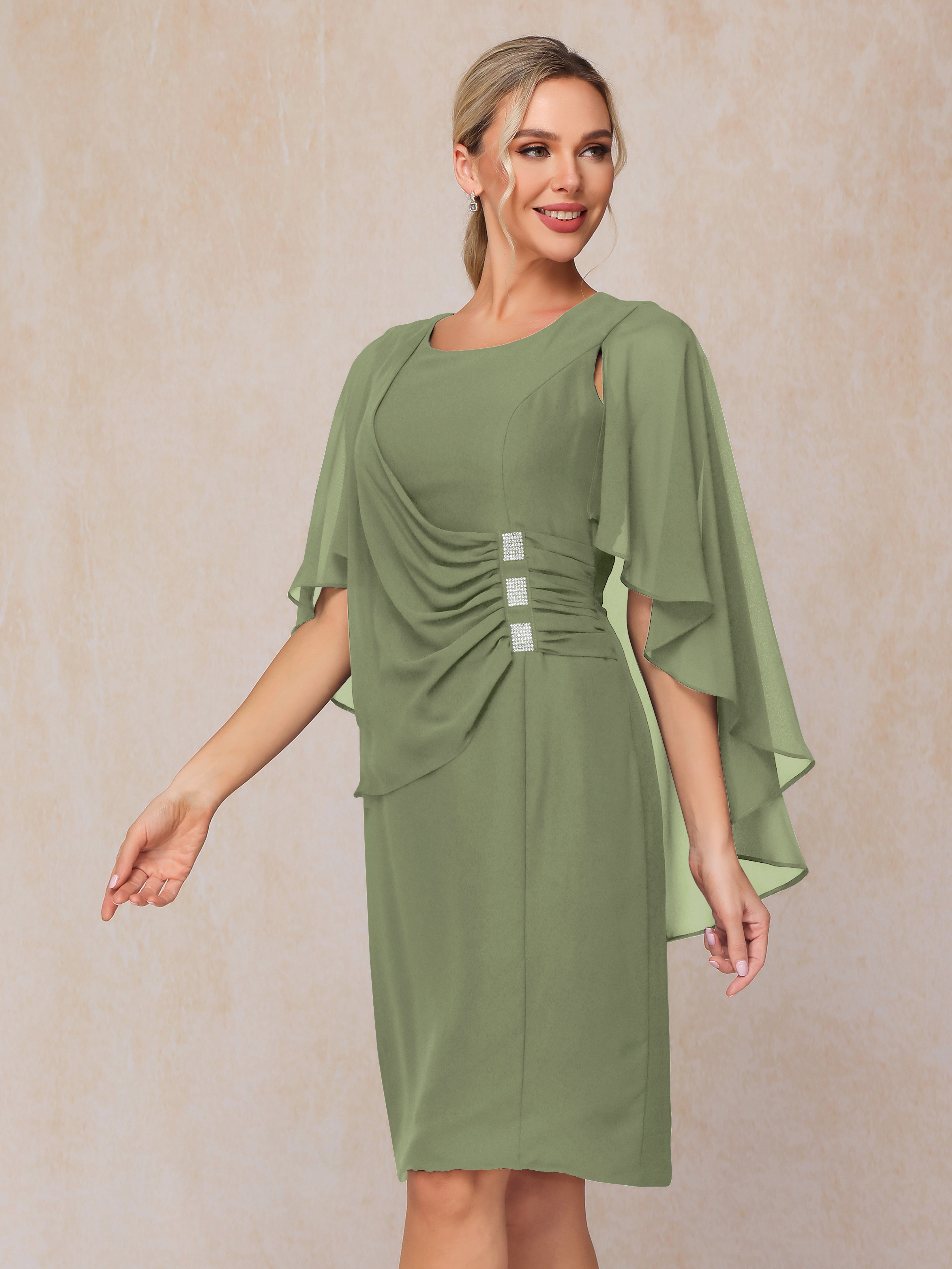 Short Sleeves Knee Length Chiffon Mother Of The Groom Dress With Beading