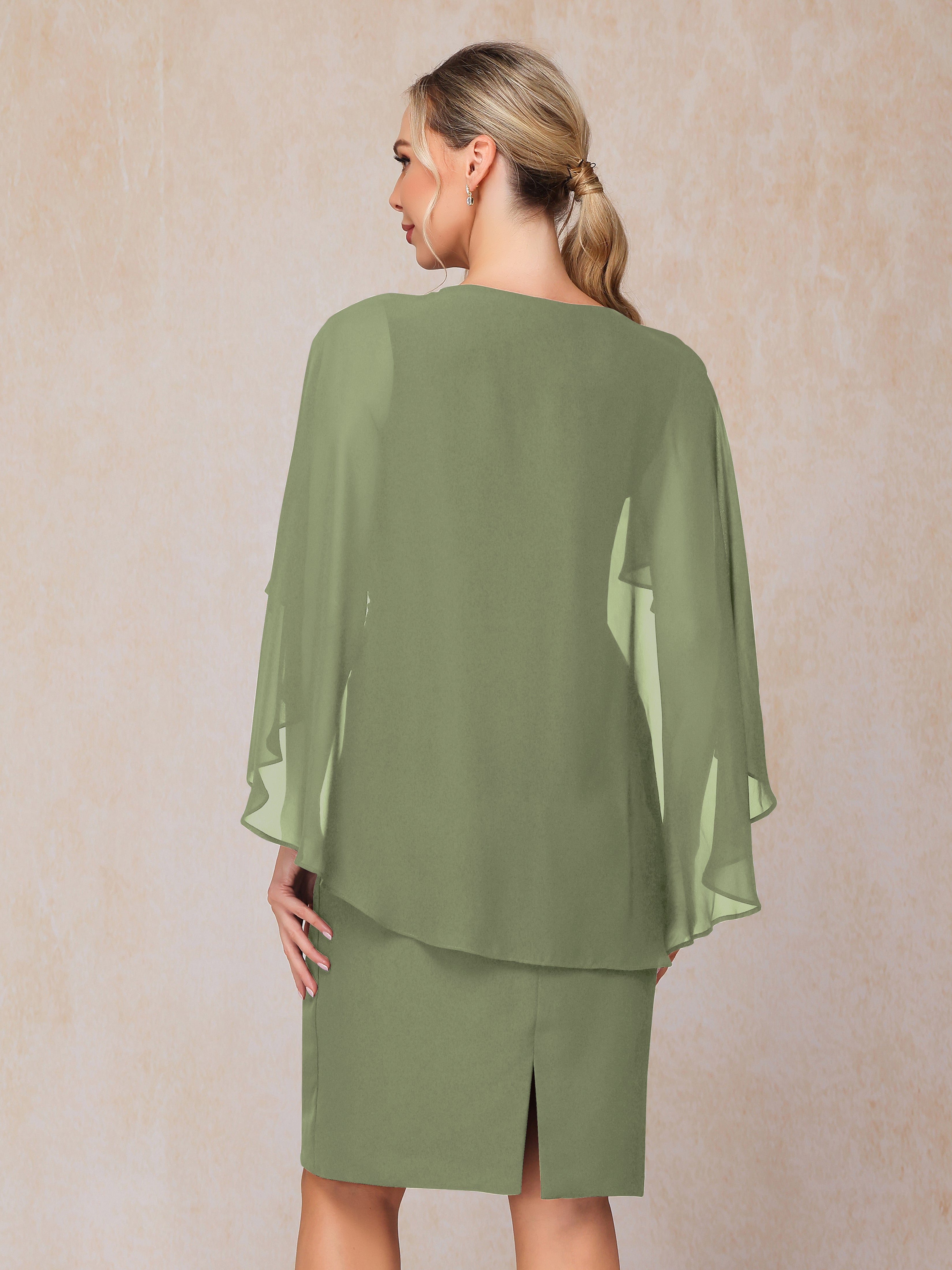 Short Sleeves Knee Length Chiffon Mother Of The Groom Dress With Beading