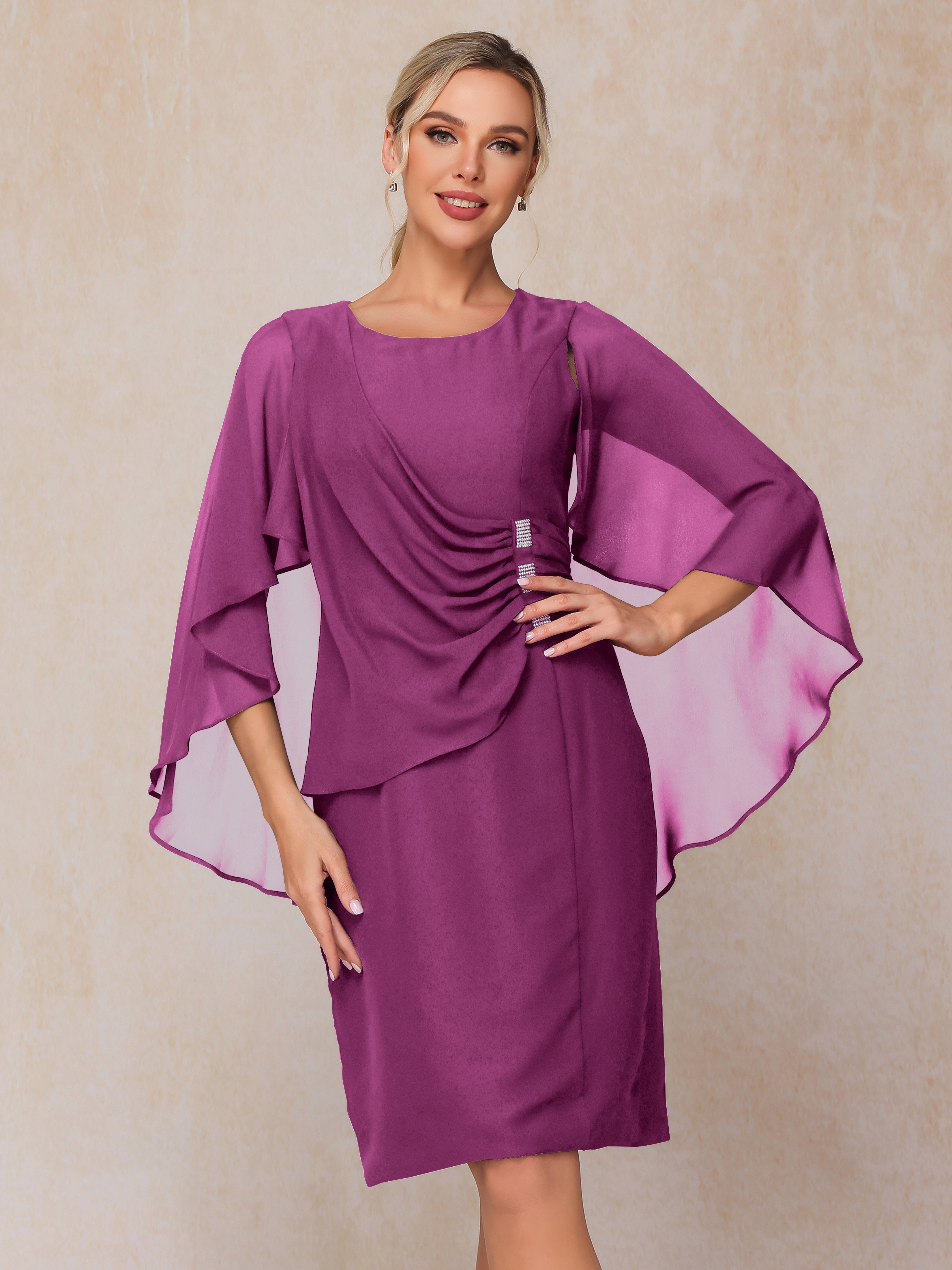 Short Sleeves Knee Length Chiffon Mother Of The Groom Dress With Beading