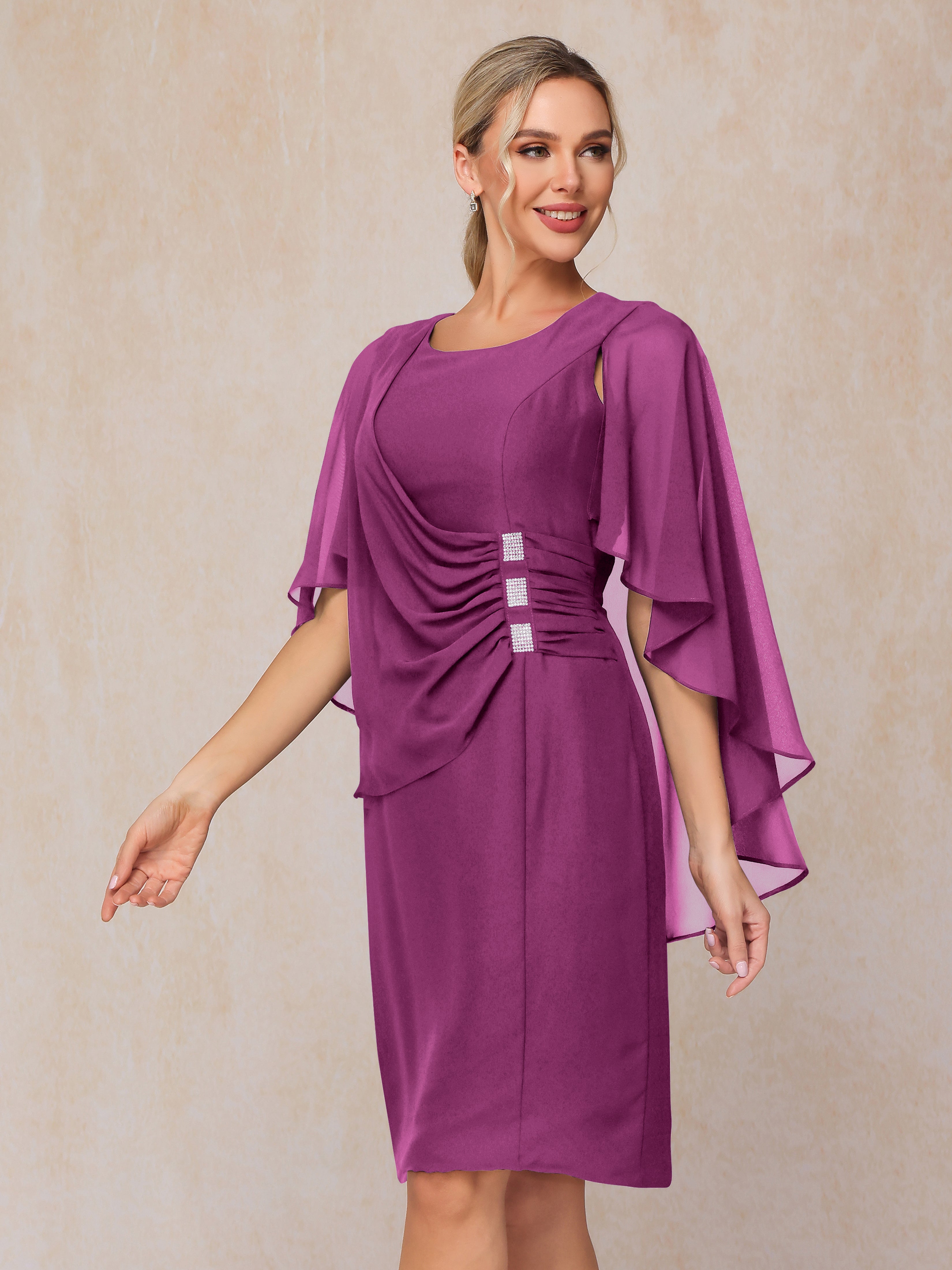 Short Sleeves Knee Length Chiffon Mother Of The Groom Dress With Beading