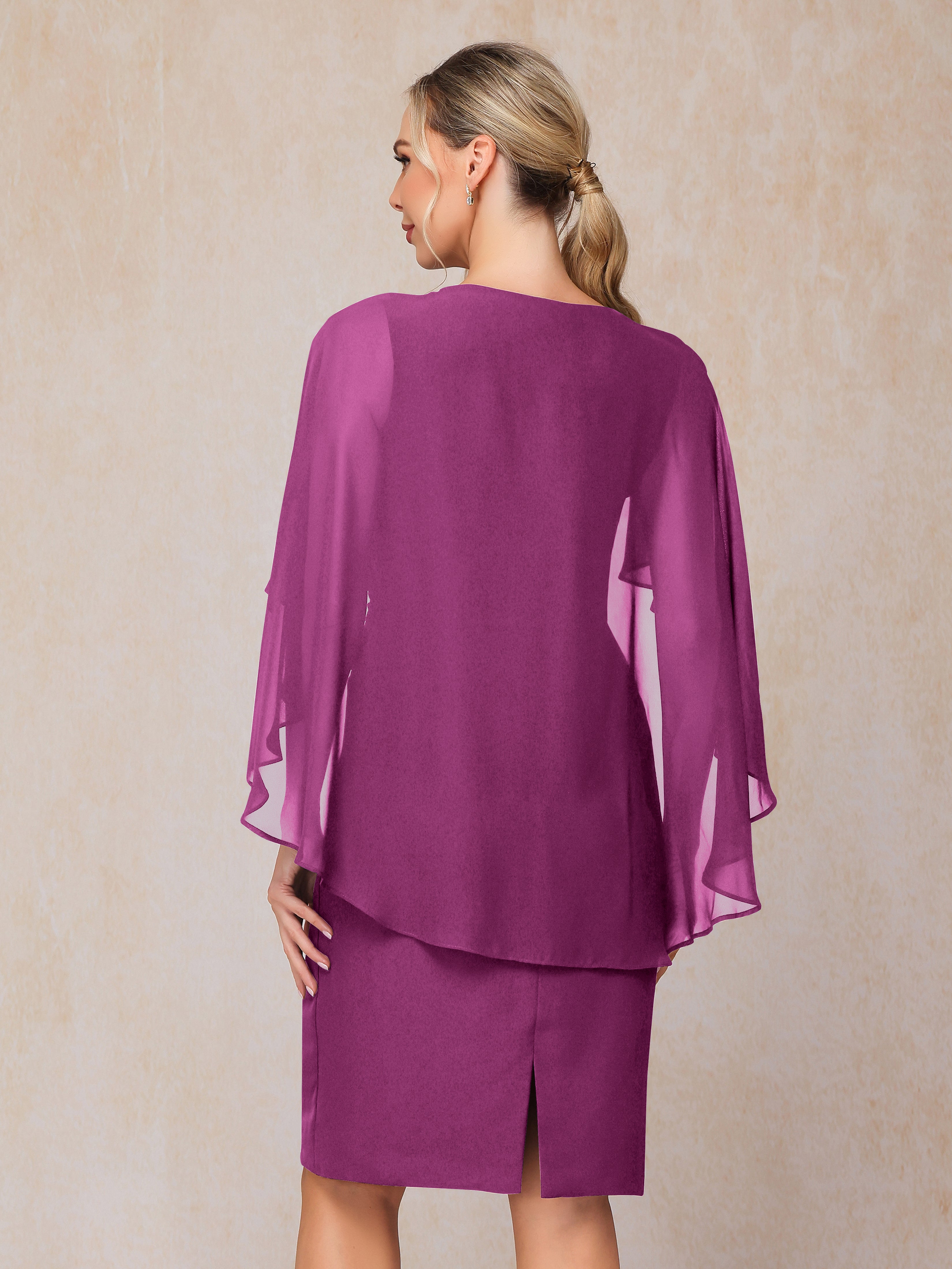 Short Sleeves Knee Length Chiffon Mother Of The Groom Dress With Beading