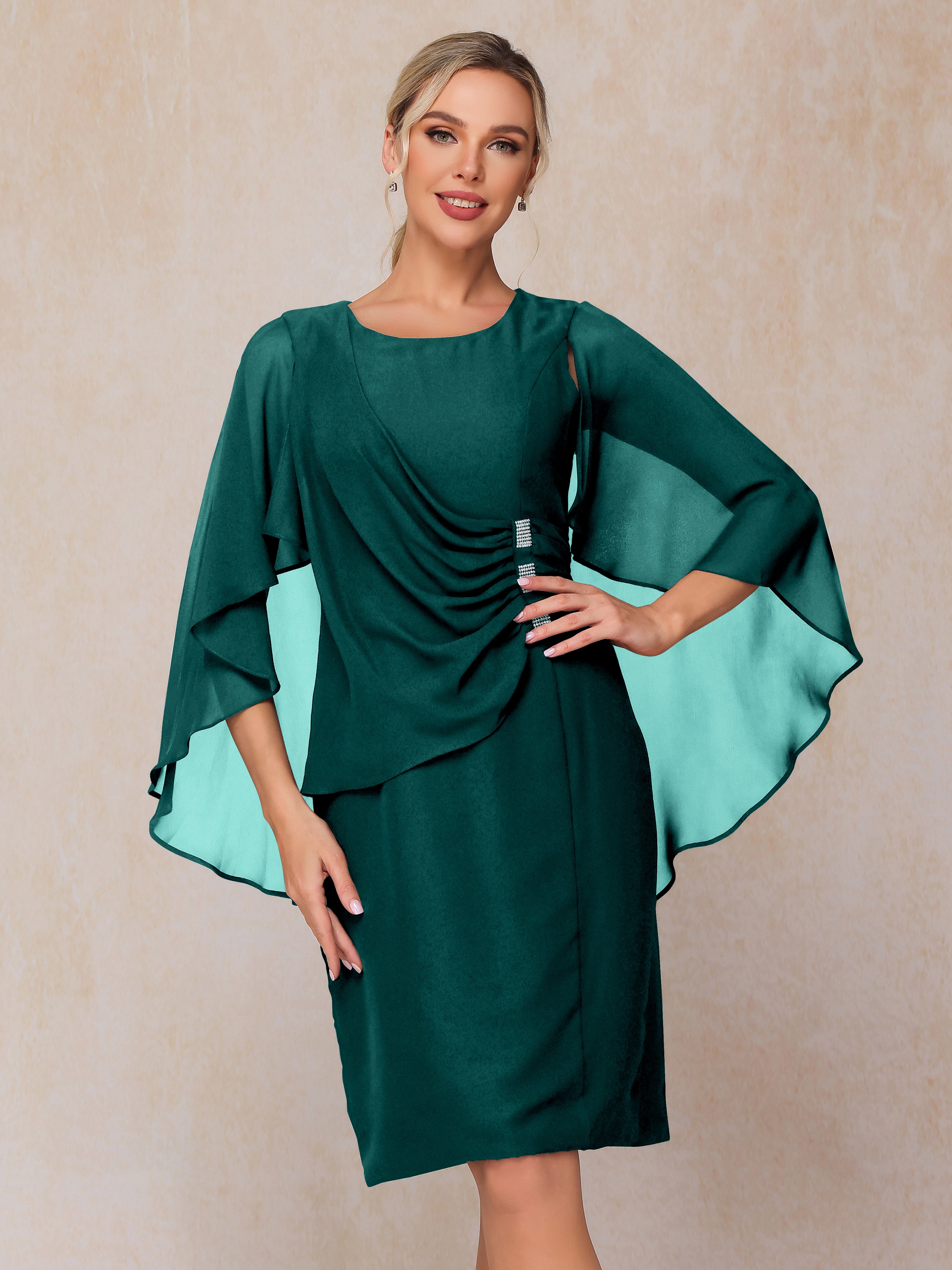 Short Sleeves Knee Length Chiffon Mother Of The Groom Dress With Beading