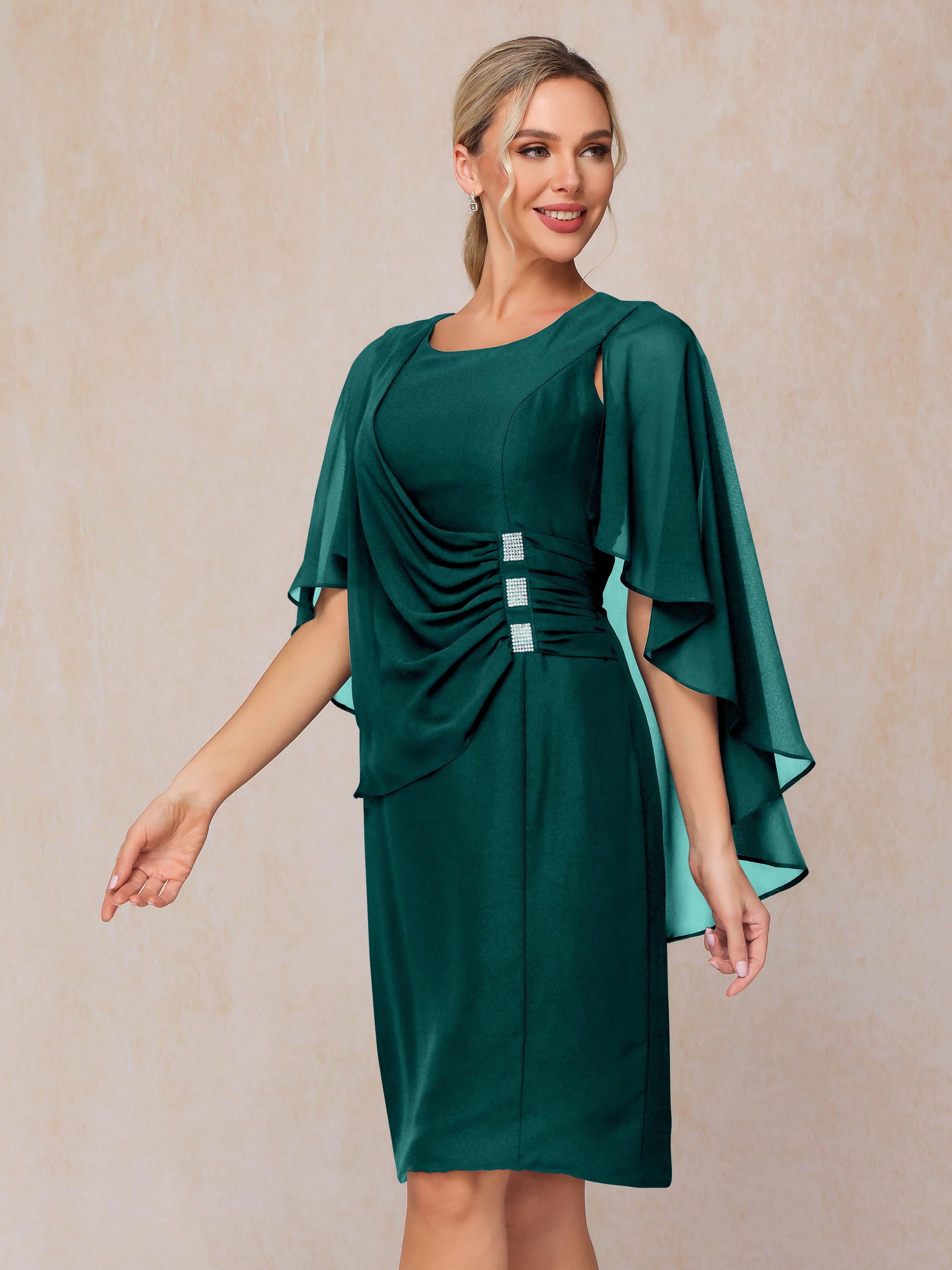 Short Sleeves Knee Length Chiffon Mother Of The Groom Dress With Beading