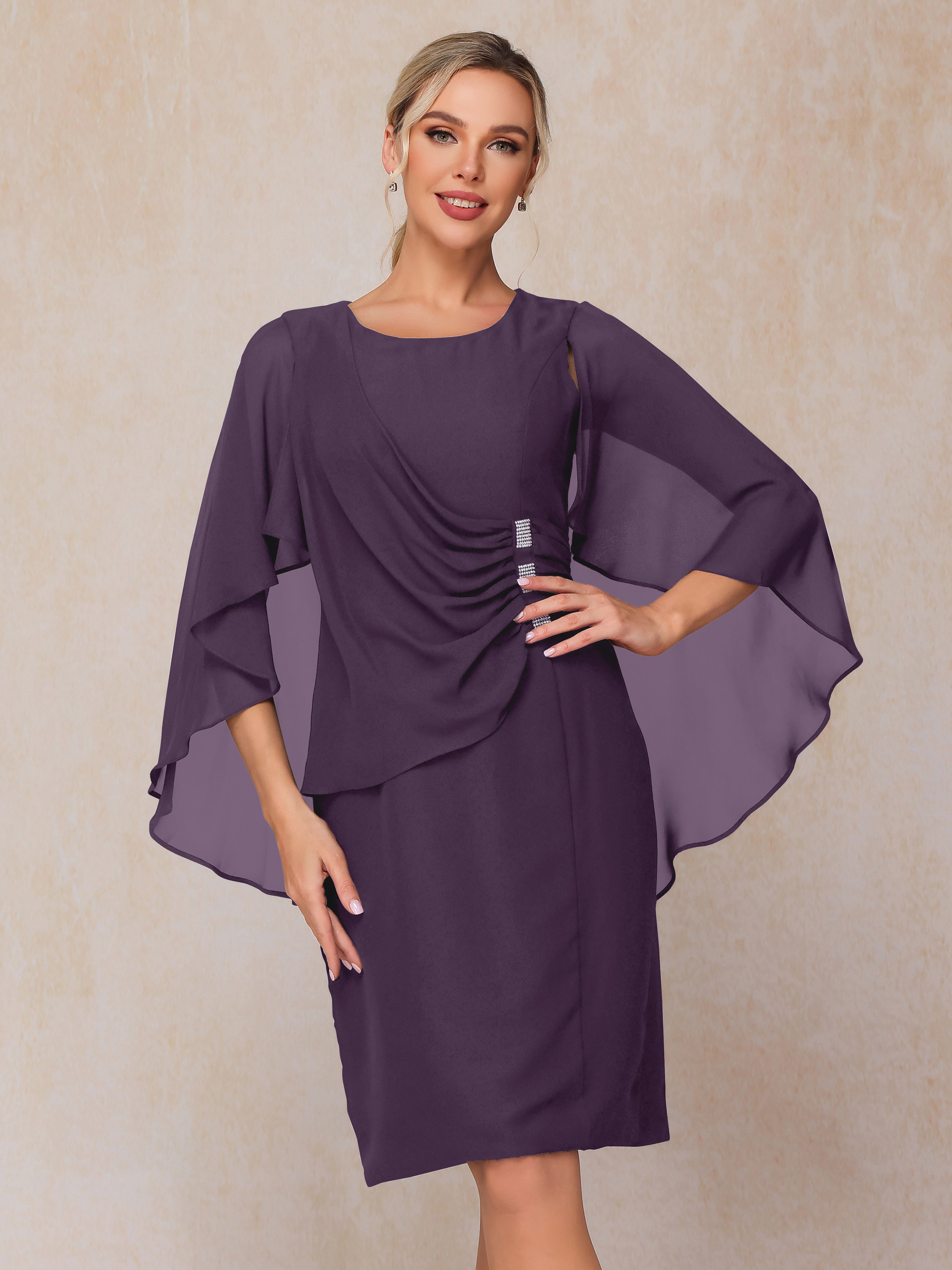 Short Sleeves Knee Length Chiffon Mother Of The Groom Dress With Beading