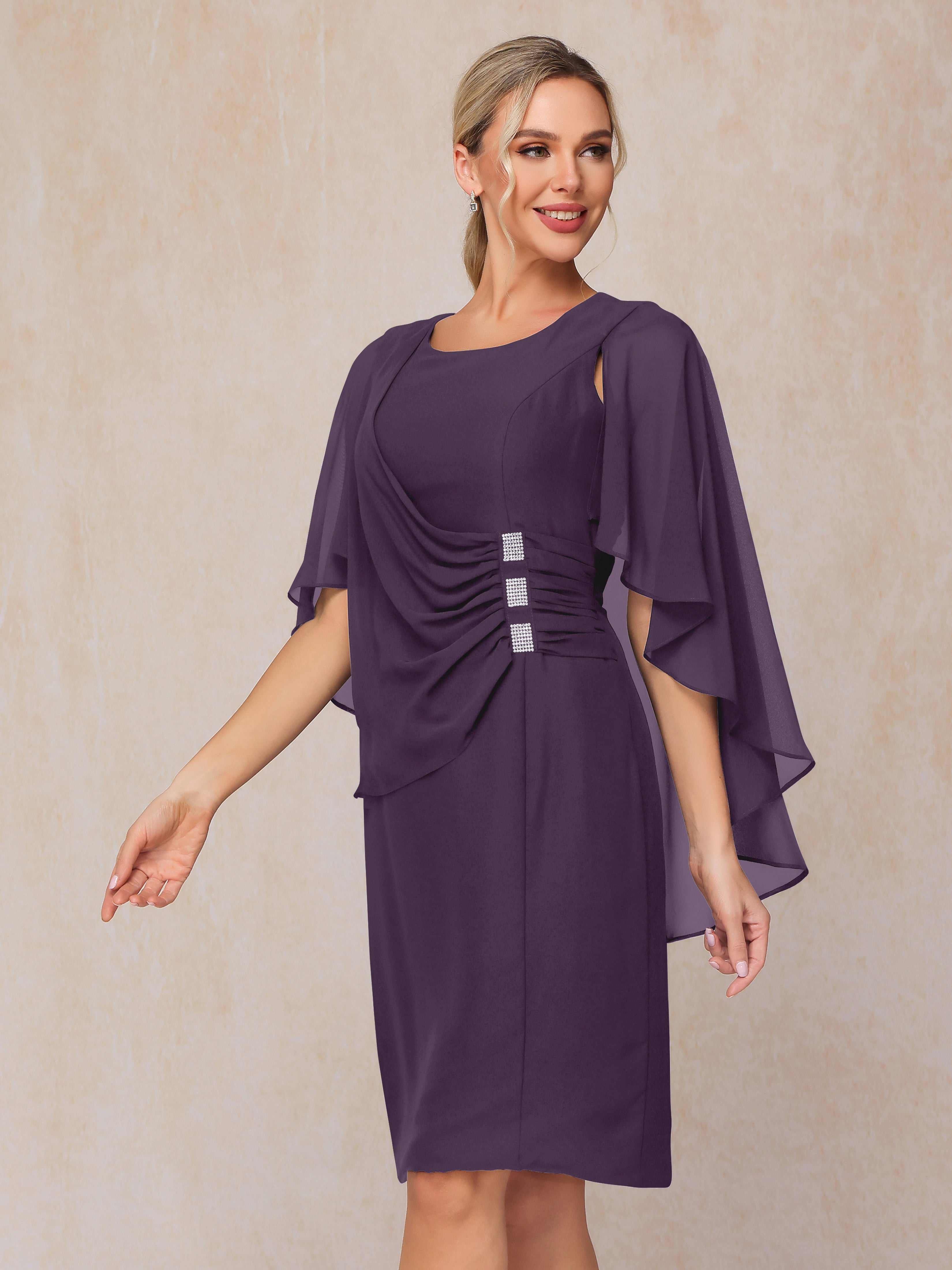 Short Sleeves Knee Length Chiffon Mother Of The Groom Dress With Beading