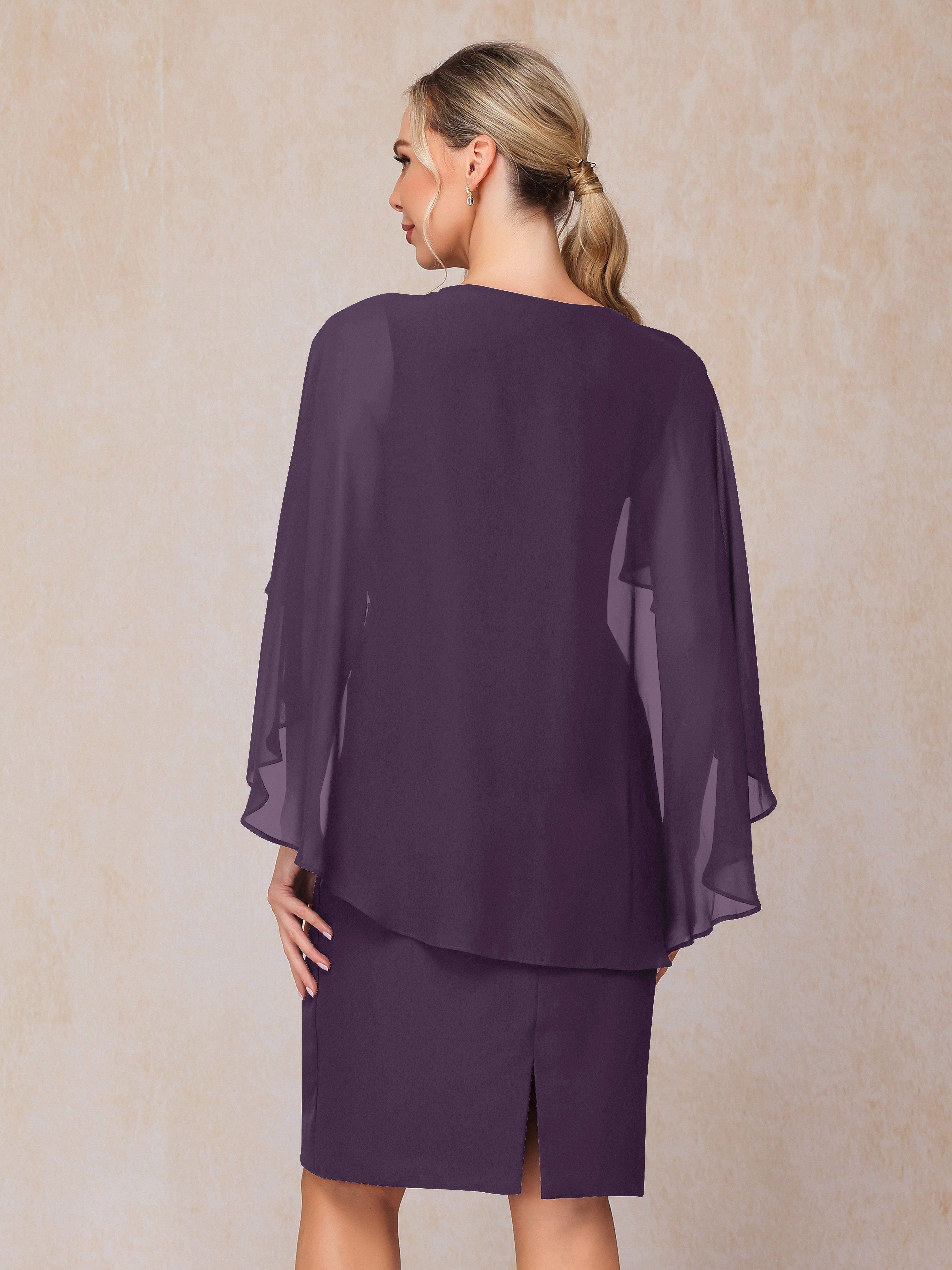 Short Sleeves Knee Length Chiffon Mother Of The Groom Dress With Beading