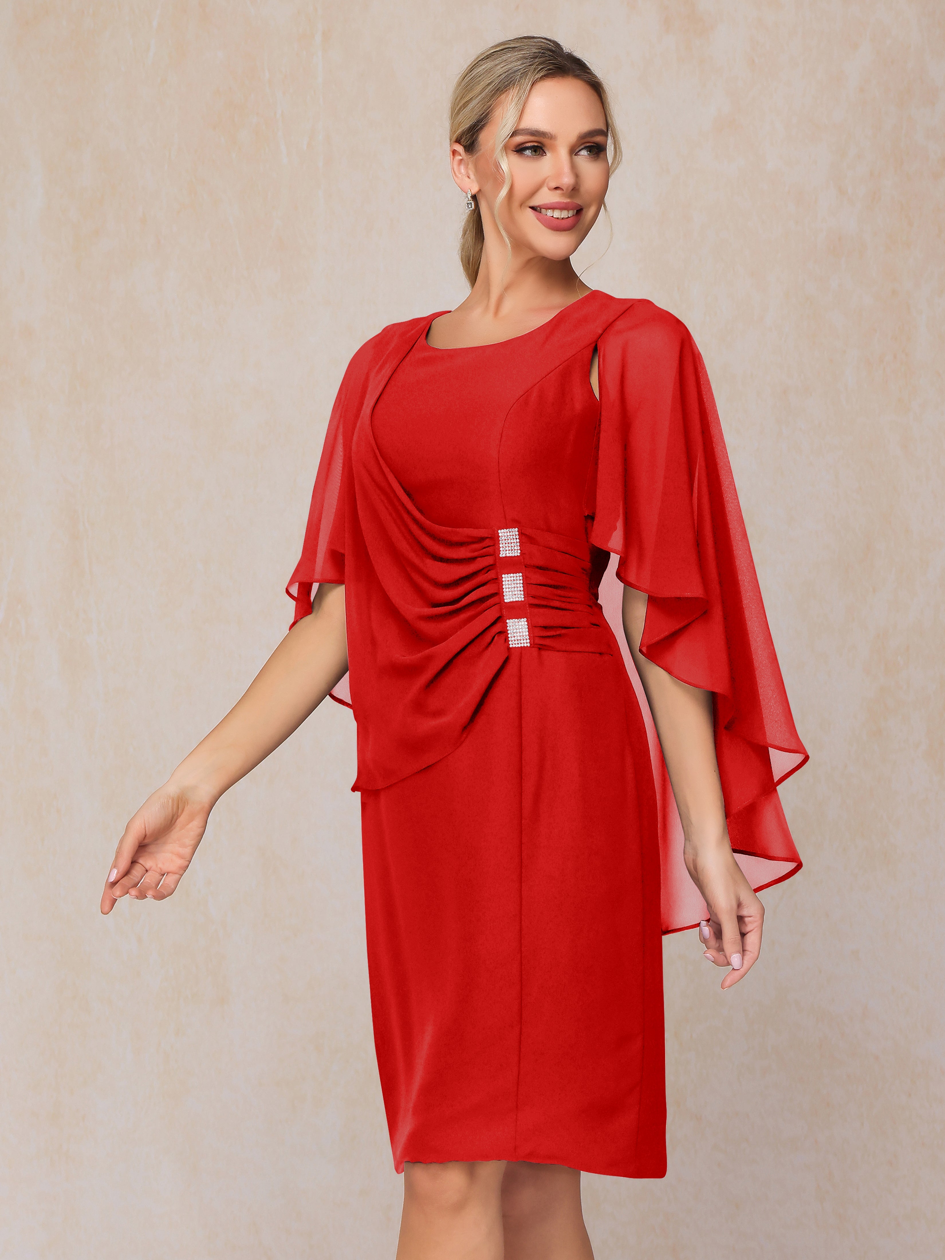 Short Sleeves Knee Length Chiffon Mother Of The Groom Dress With Beading