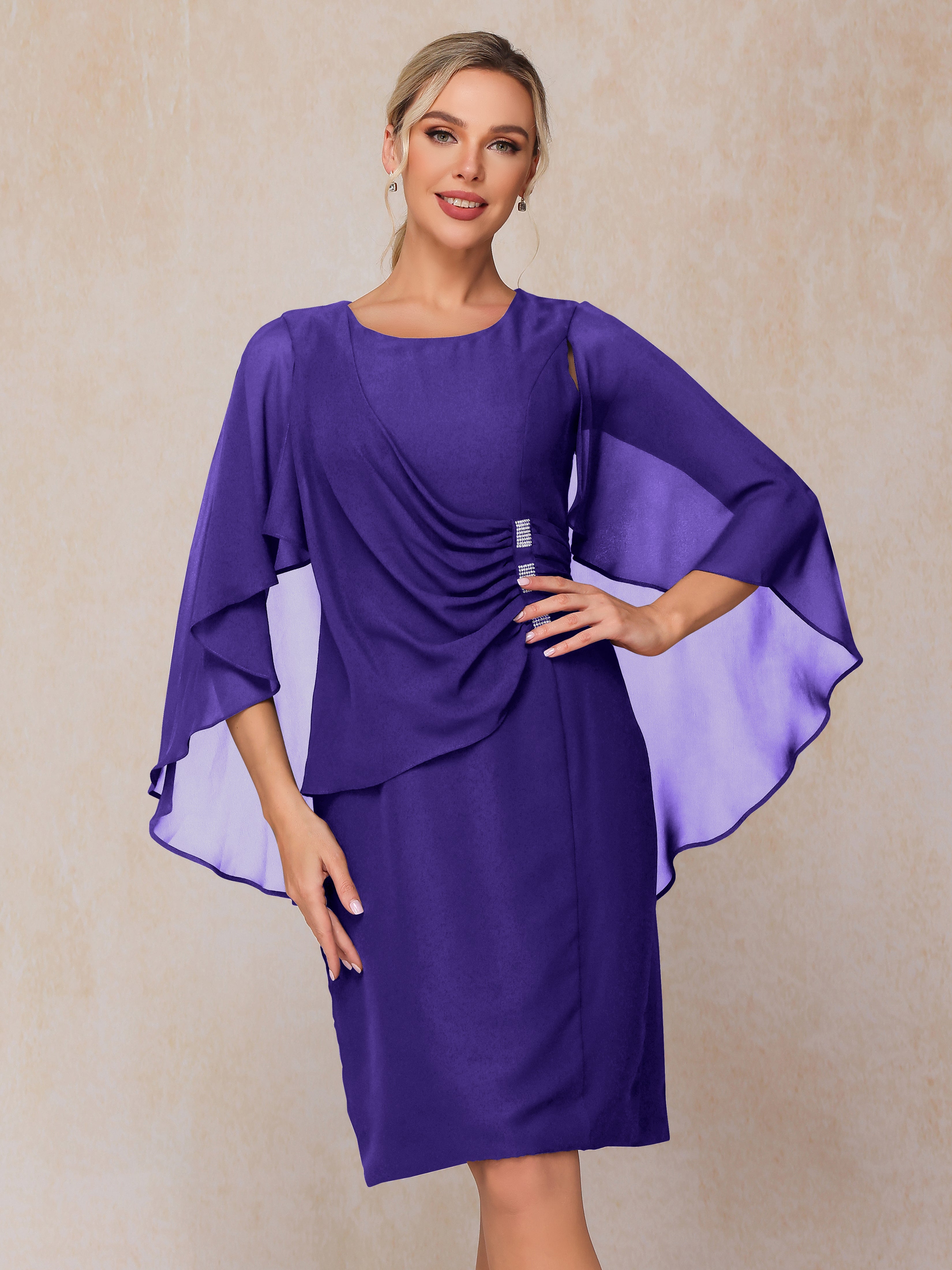Short Sleeves Knee Length Chiffon Mother Of The Groom Dress With Beading