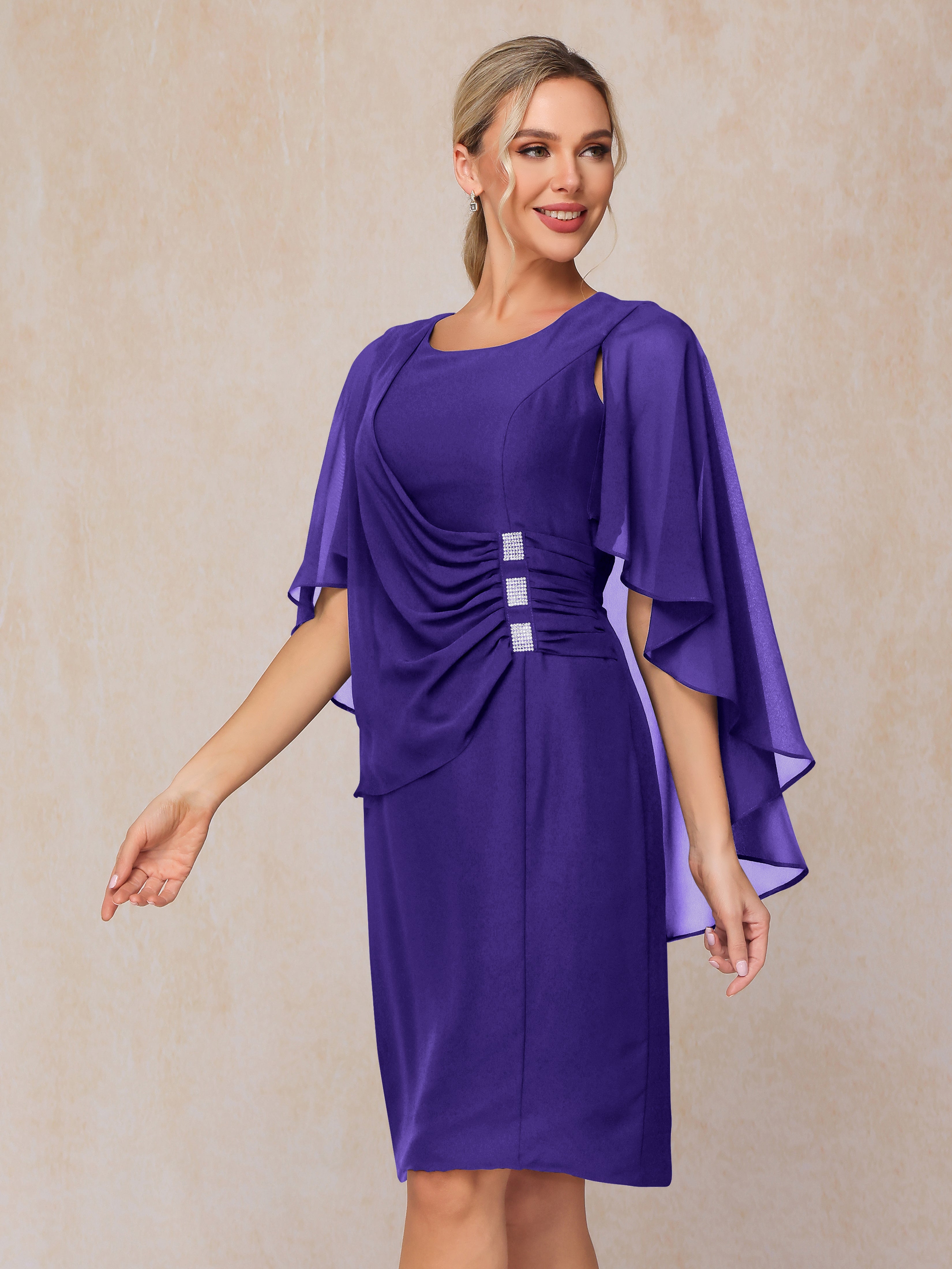 Short Sleeves Knee Length Chiffon Mother Of The Groom Dress With Beading
