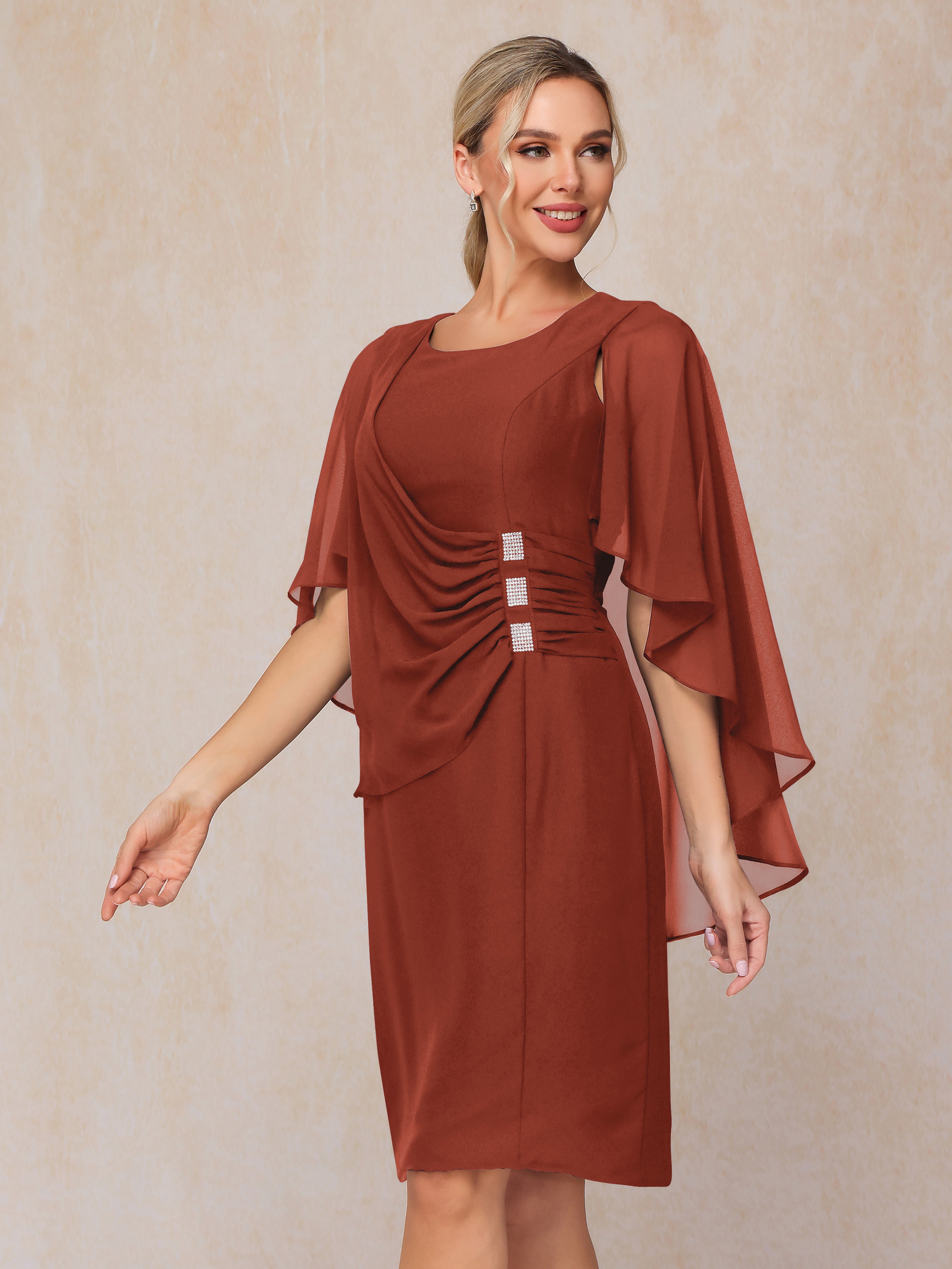 Short Sleeves Knee Length Chiffon Mother Of The Groom Dress With Beading