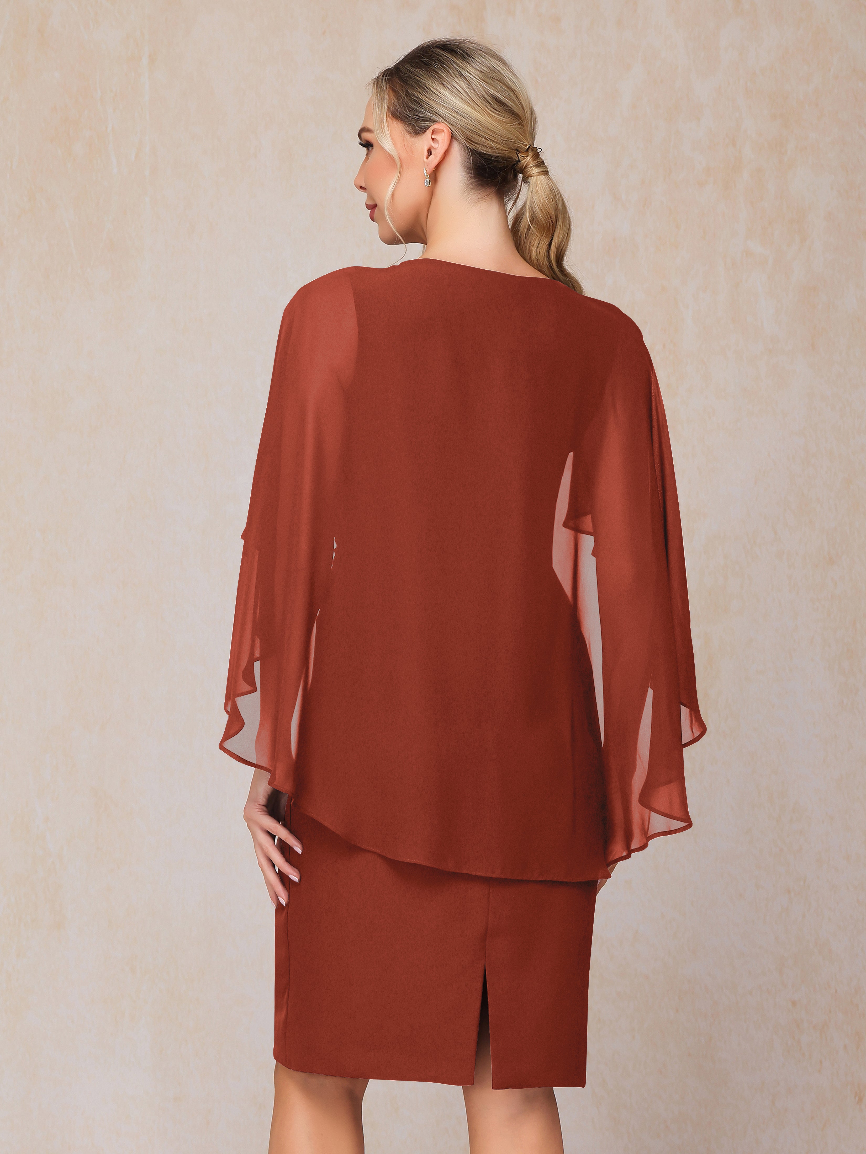 Short Sleeves Knee Length Chiffon Mother Of The Groom Dress With Beading
