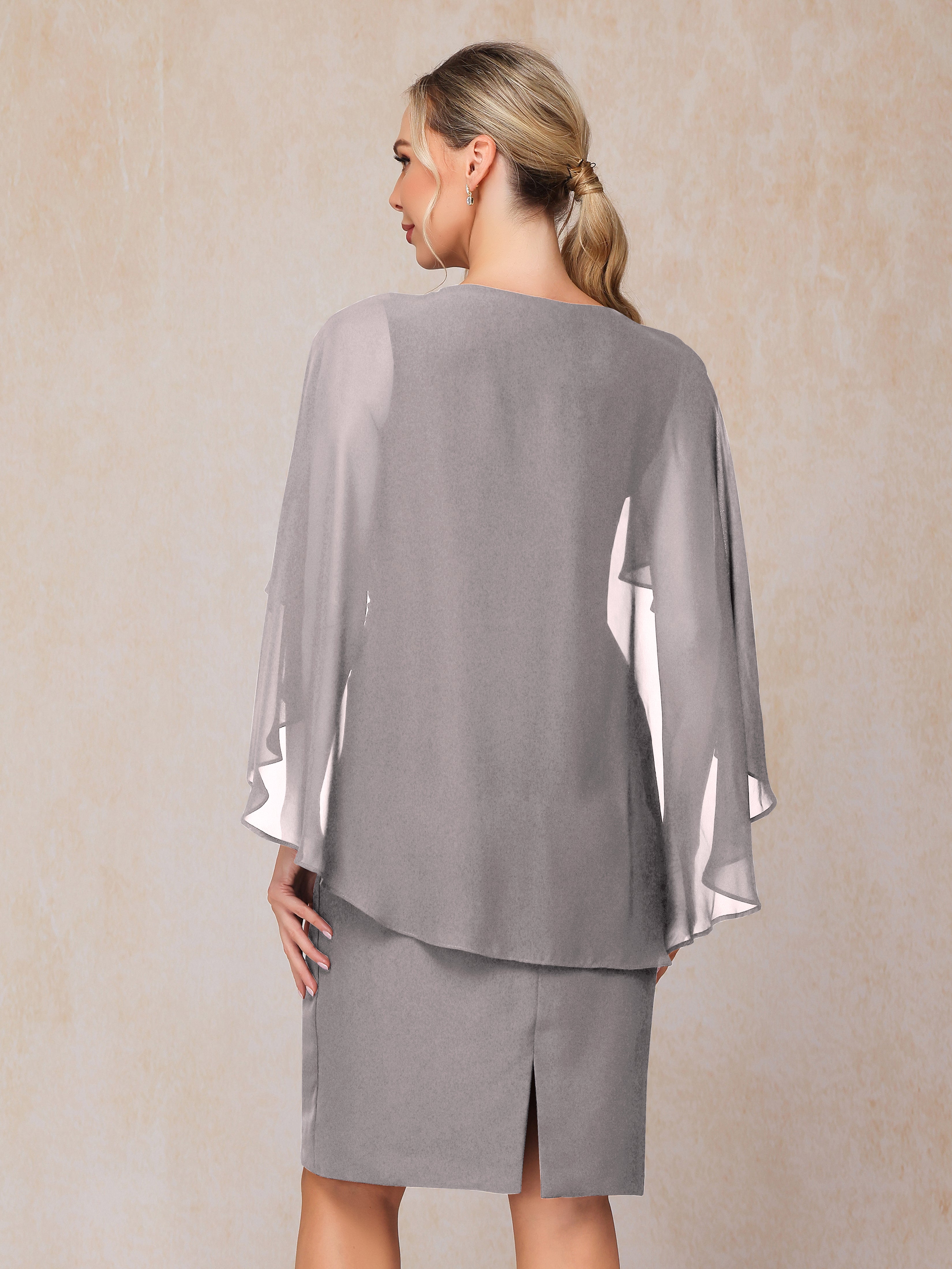 Short Sleeves Knee Length Chiffon Mother Of The Groom Dress With Beading