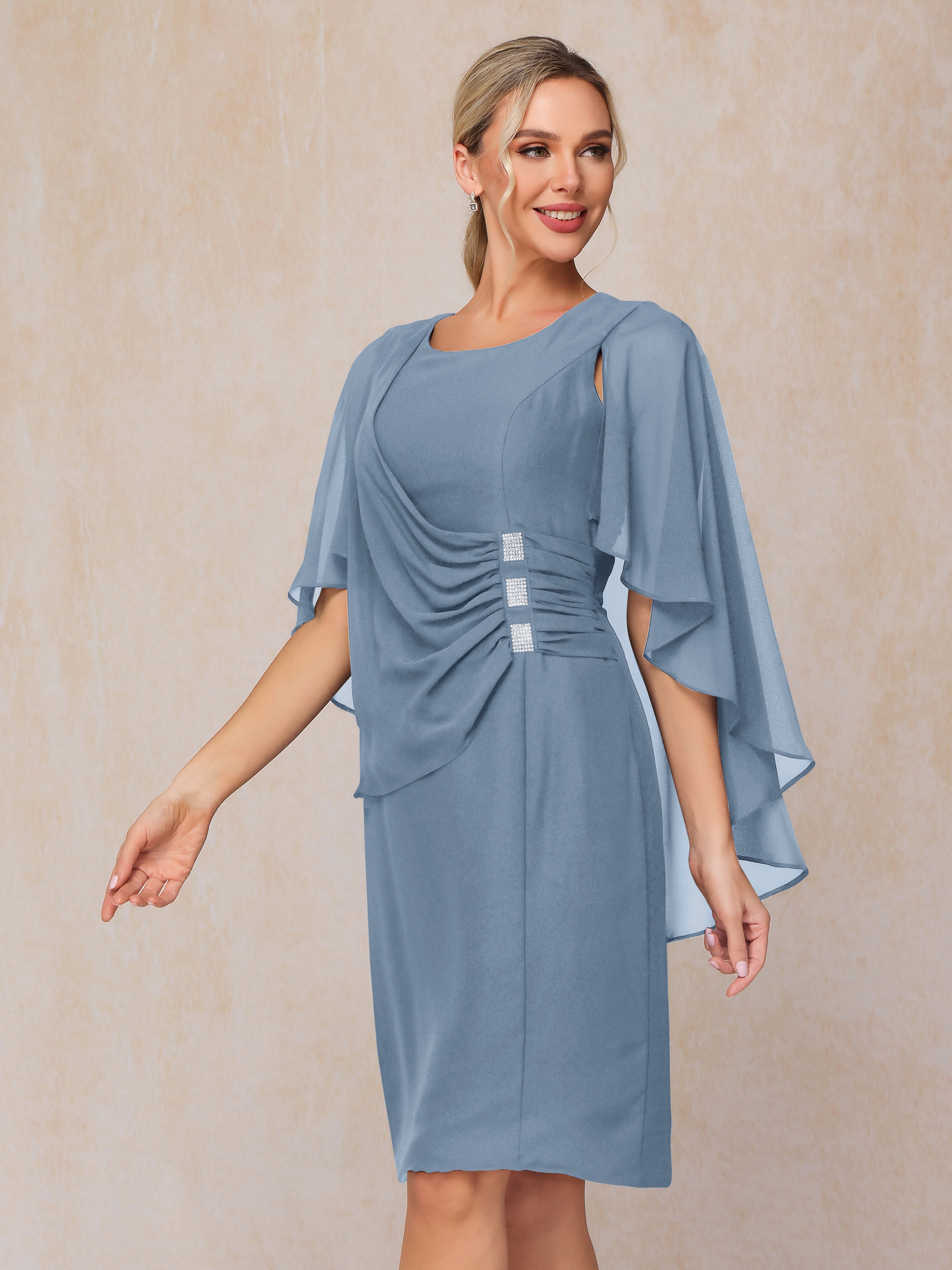 Short Sleeves Knee Length Chiffon Mother Of The Groom Dress With Beading